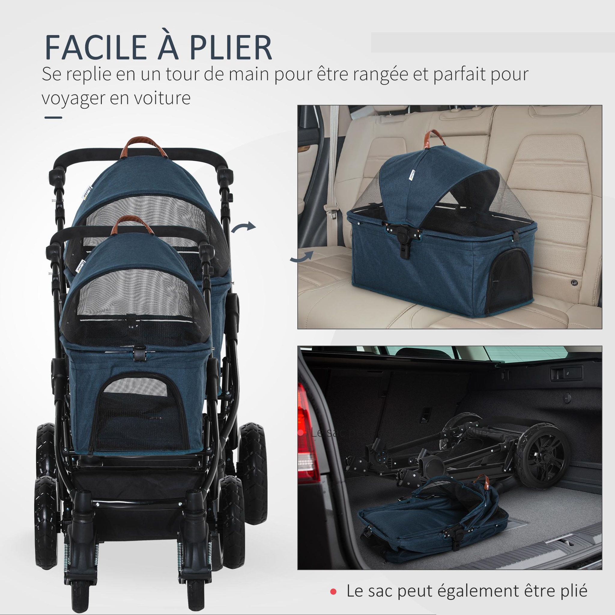 Voir la diapositive 4 : PAWHUT Poussette buggy pliable chien chat amortisseurs panier de rangement 2 attaches sécurité housse réglable acier Oxford bleu foncé