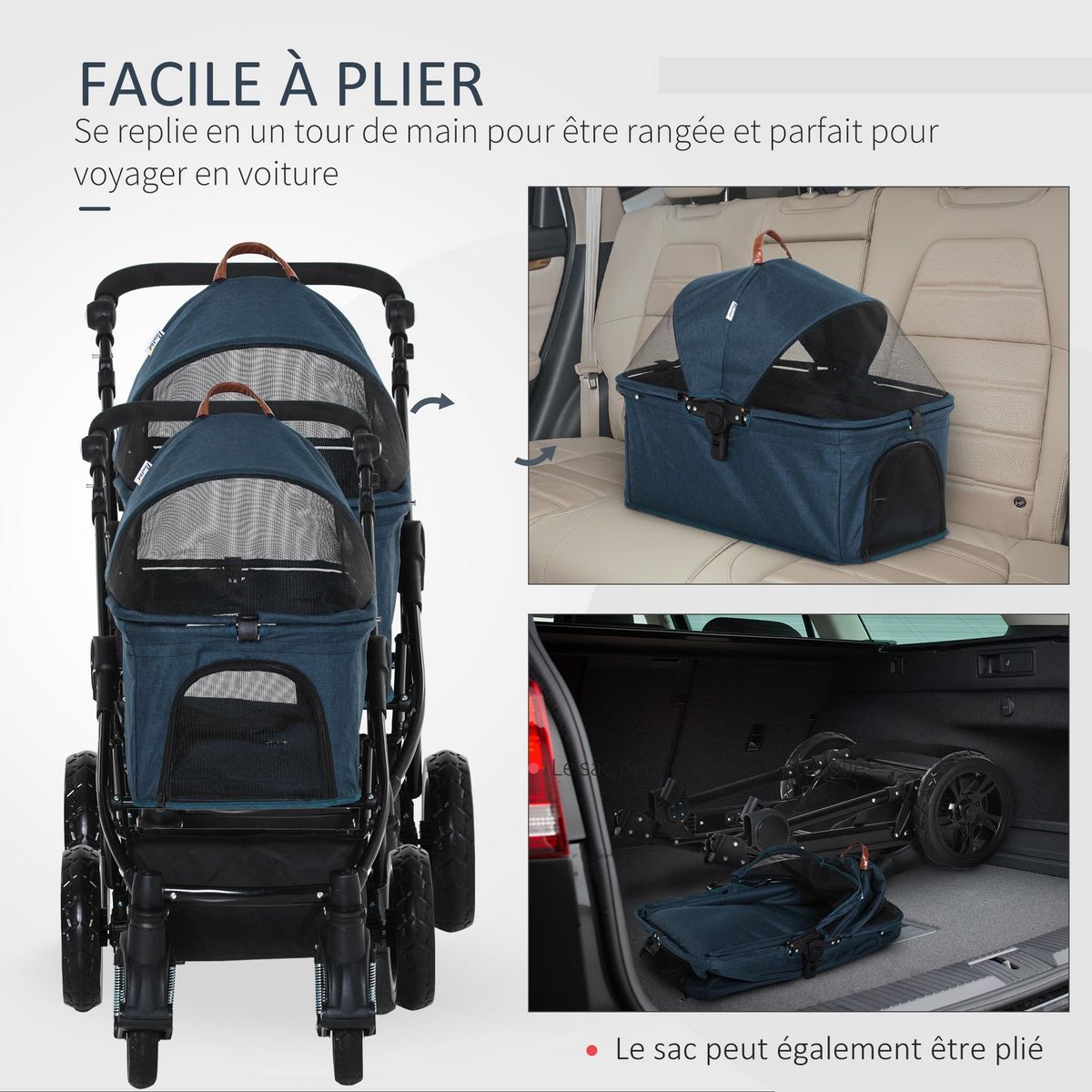 PAWHUT Poussette buggy pliable chien chat amortisseurs panier de rangement 2 attaches sécurité housse réglable acier Oxford bleu foncé