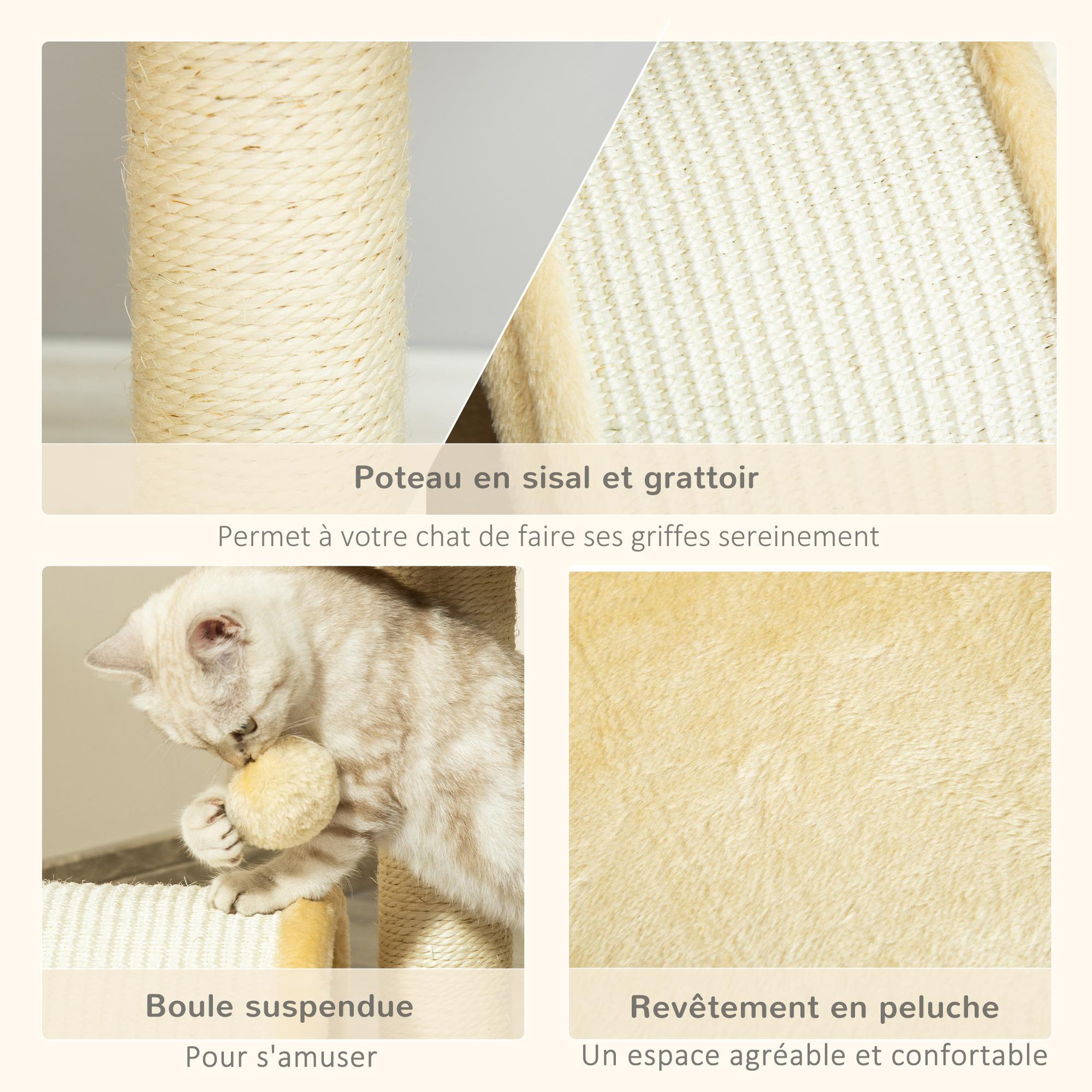 Voir la diapositive 5 : PAWHUT Arbre à chat griffoir grattoir design jeu boule suspendue + plateforme peluche sisal naturel beige