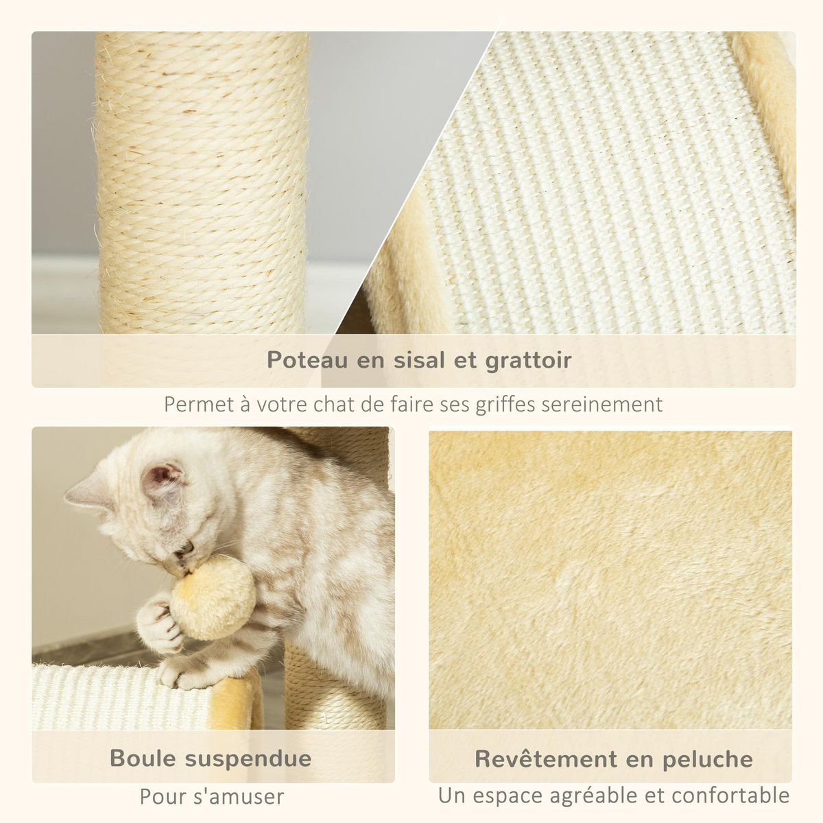 PAWHUT Arbre à chat griffoir grattoir design jeu boule suspendue + plateforme peluche sisal naturel beige