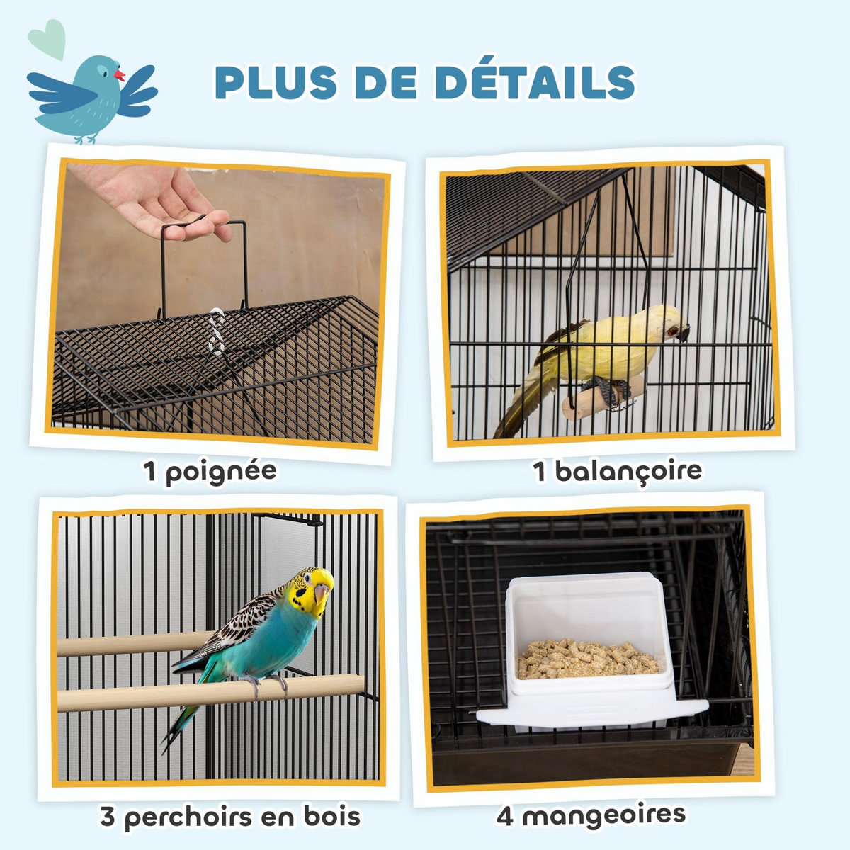 PAWHUT Cage à oiseaux design maison mangeoires perchoirs balançoire grande porte 8 trappes plateau déjection