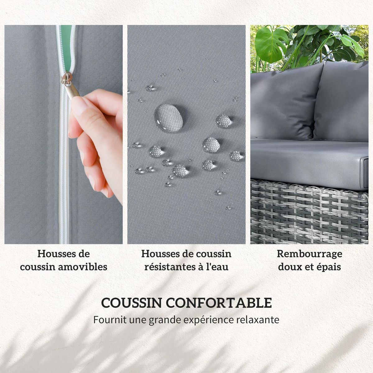 OUTSUNNY Ensemble salon de jardin d'angle 4 places - table basse, coffre - coussins assise déhoussables - métal époxy résine tressée gris