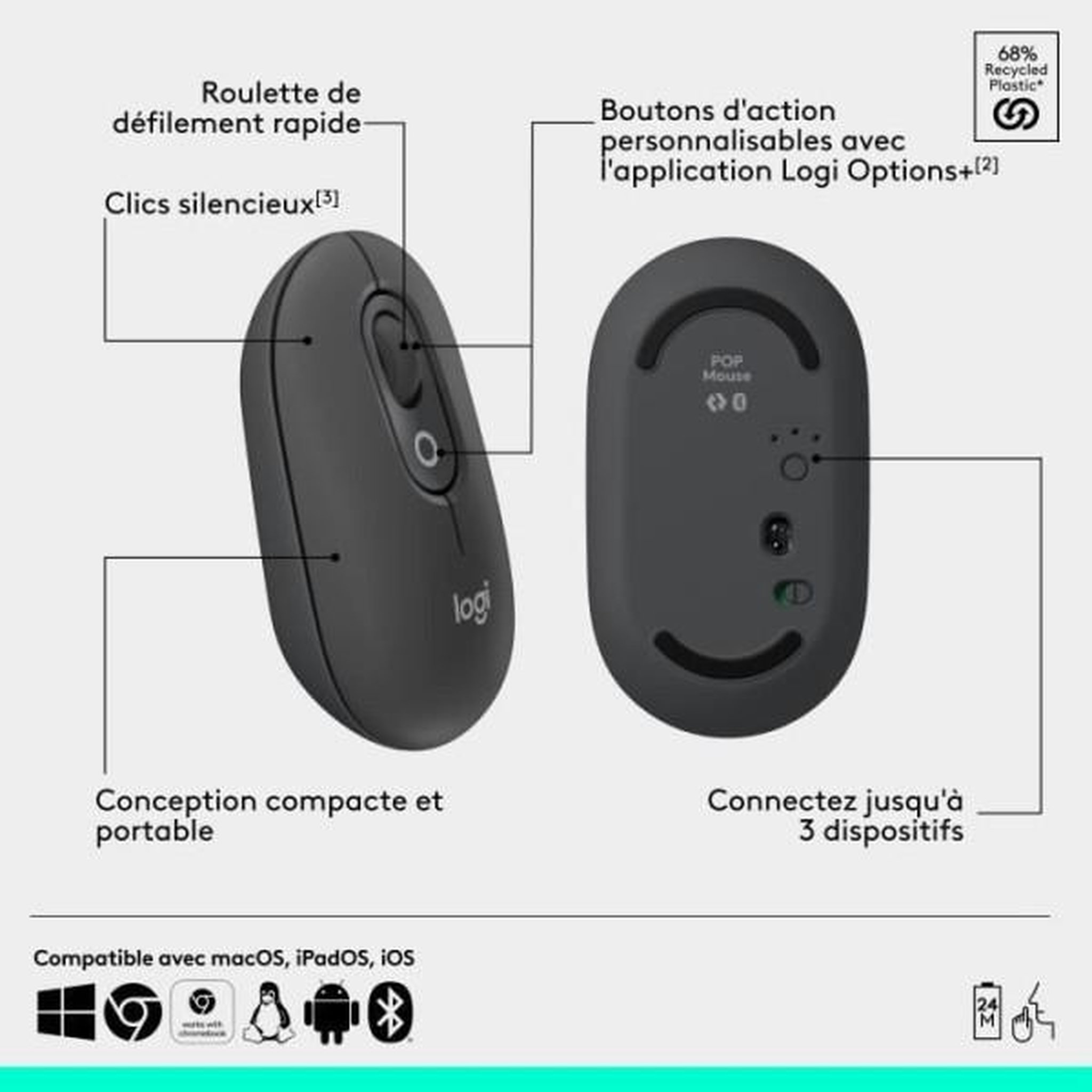 Voir la diapositive 6 : Logitech Souris sans fil POP Mouse Graphite