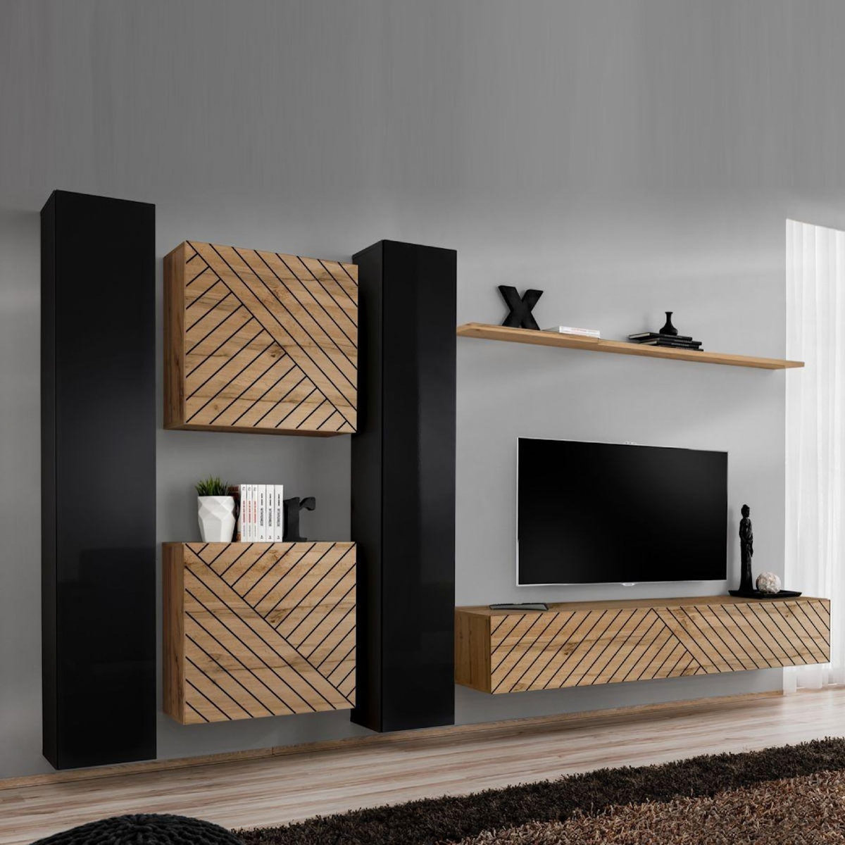 Paris Prix Ensemble Meuble TV  Switch Lamel VI  330cm Naturel & Noir