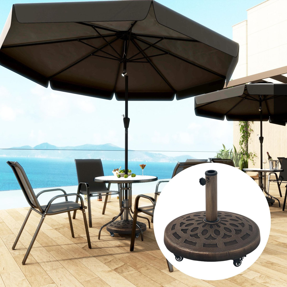 OUTSUNNY Pied de parasol résine 21 Kg mobile compatible mât dia. 32/38/48 mm