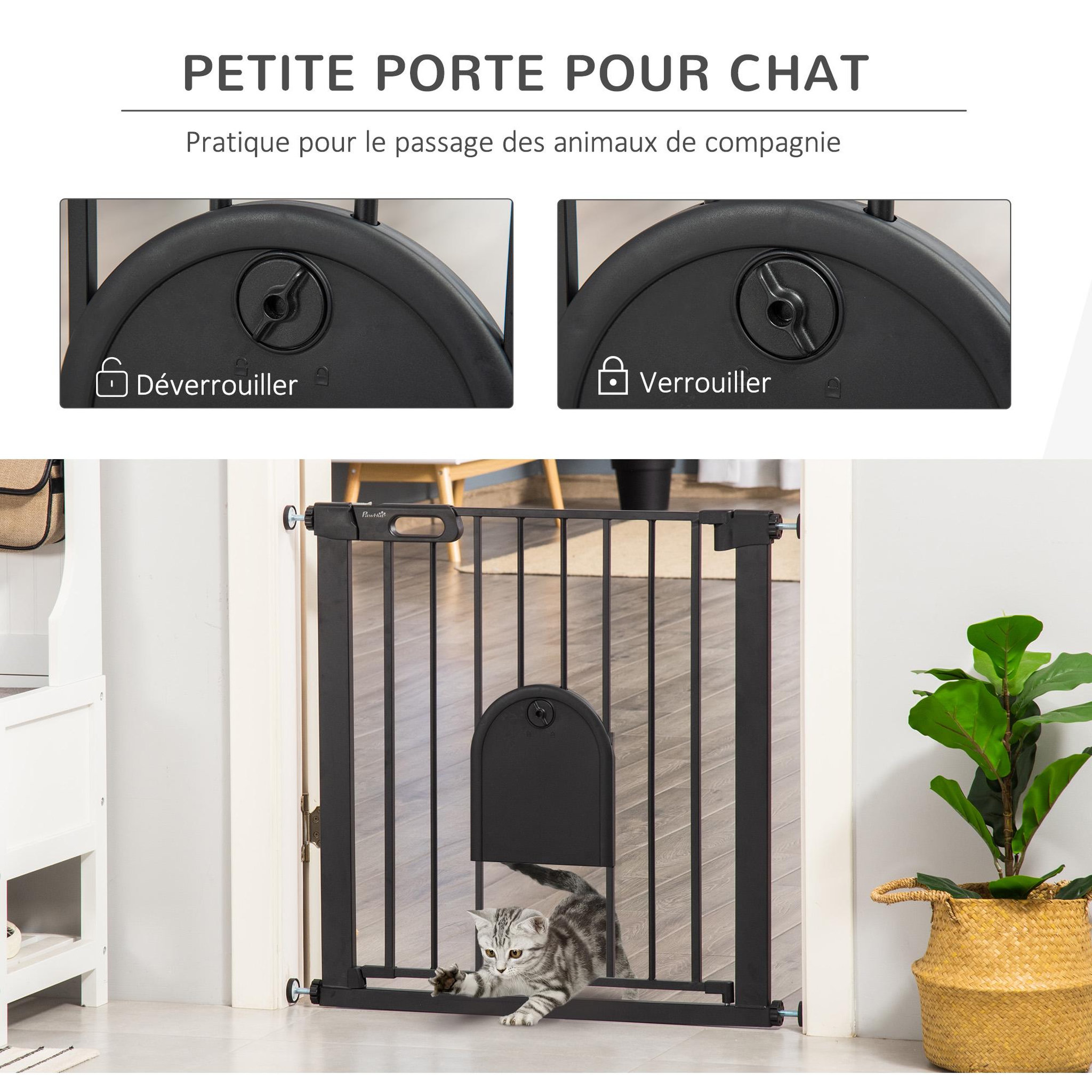 Voir la diapositive 6 : PAWHUT Barrière de sécurité chien l.75-82 x h.76 cm porte verrouillable fixation pression noir