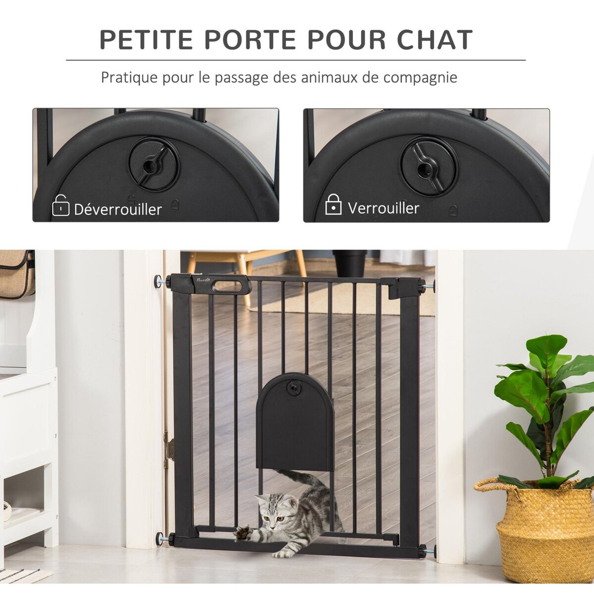 PAWHUT Barrière de sécurité animaux de 76H cm barrière chien chat avec porte fermeture automatique système de double verrouillage fixation par pressionde de 75 à 82 cm acier et ABS noir