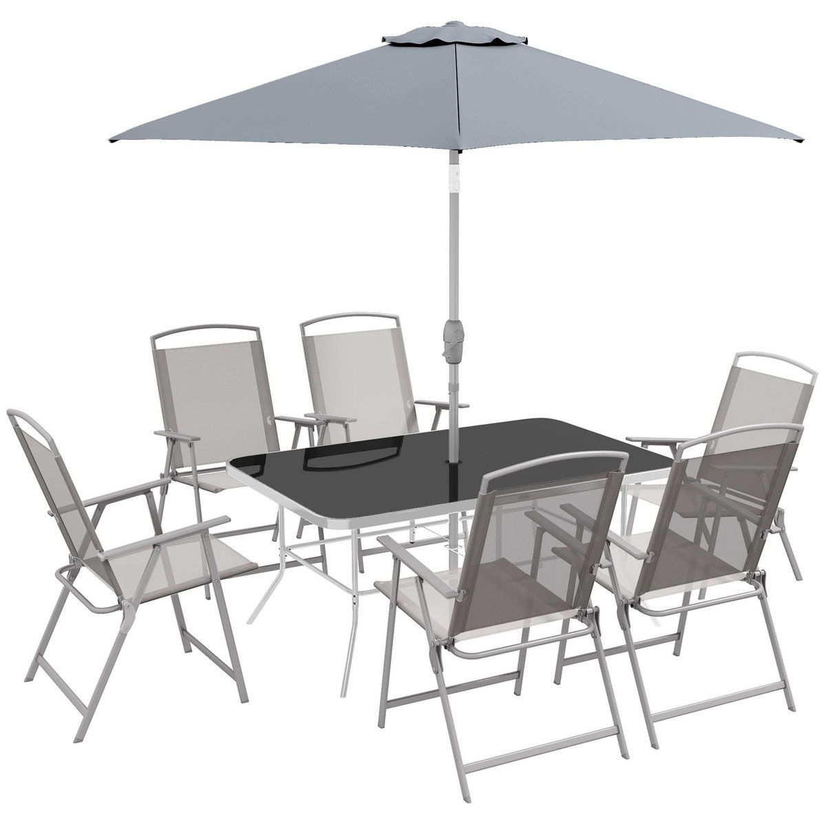 OUTSUNNY Ensemble salon de jardin 6 places 8 pièces - parasol, table, 6 chaises pliantes - métal époxy textilène polyester gris