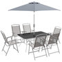 Voir la diapositive 1 : OUTSUNNY Ensemble salon de jardin 6 places 8 pièces - parasol, table, 6 chaises pliantes - métal époxy textilène polyester gris