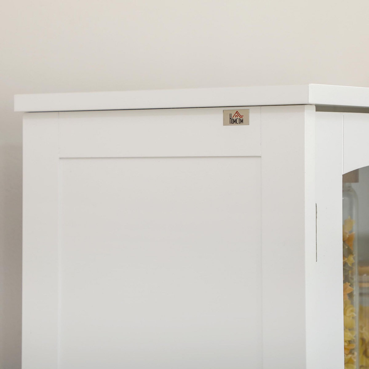 HOMCOM Armoire de cuisine buffet haut 4 portes 3 étagères tiroir verre trempé panneaux MDF blanc