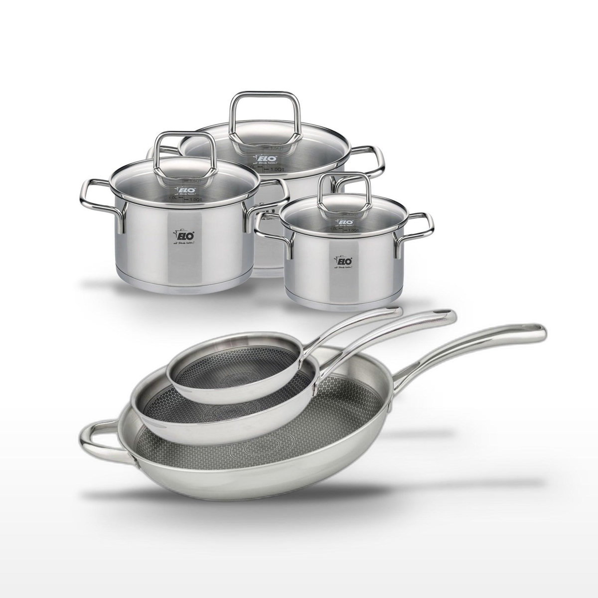 ELO Lot de 3 Poêles 24/28/32 cm et 3 Faitouts 12/14/16 cm Elo Relief Evolution