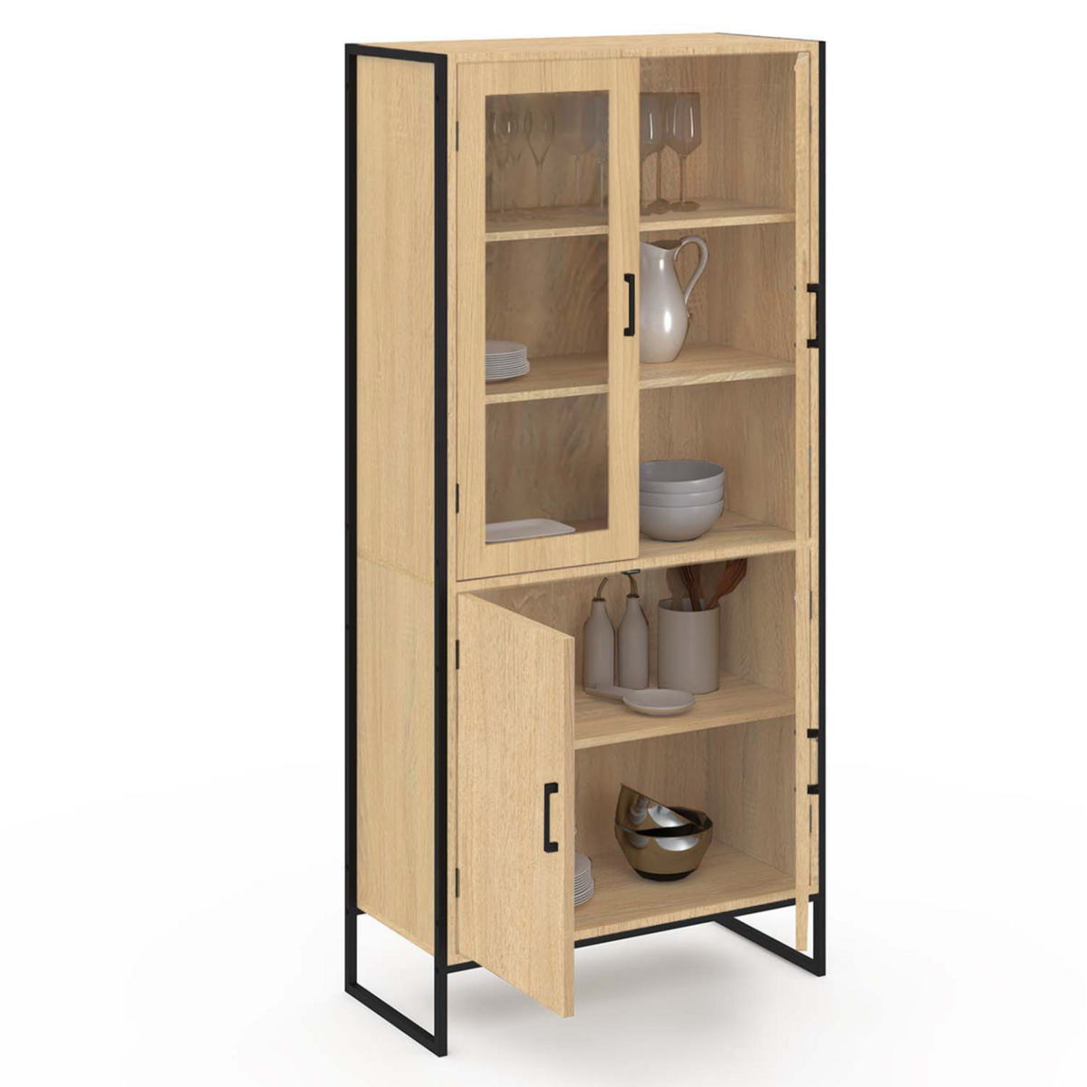 ID MARKET Vitrine buffet haut H. 176 cm vaisselier DETROIT 4 portes design industriel