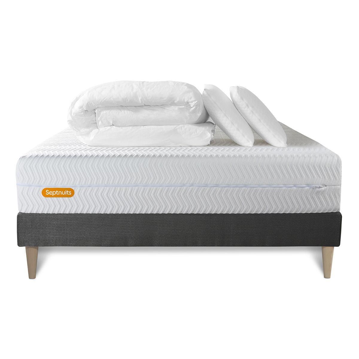 SEPTNUITS PACK Matelas + sommier kit gris Memo Bio Mousse à mémoire de forme Maxi épaisseur + Couette + 2 oreillers