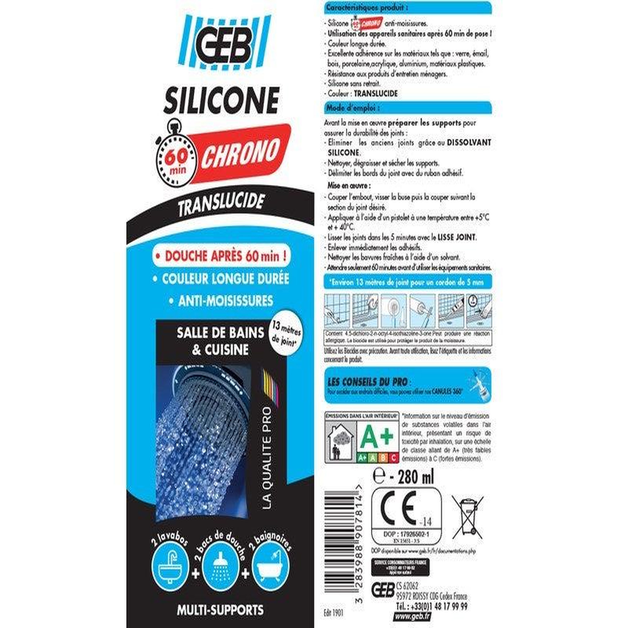 Geb Joint silicone d'étanchéité, cuisine et bain 890781, transparent, 280 ml