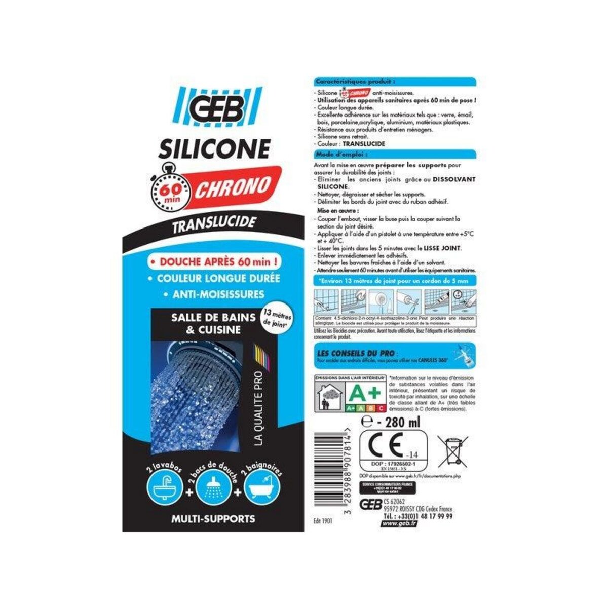 Geb Joint silicone d'étanchéité, cuisine et bain 890781, transparent, 280 ml