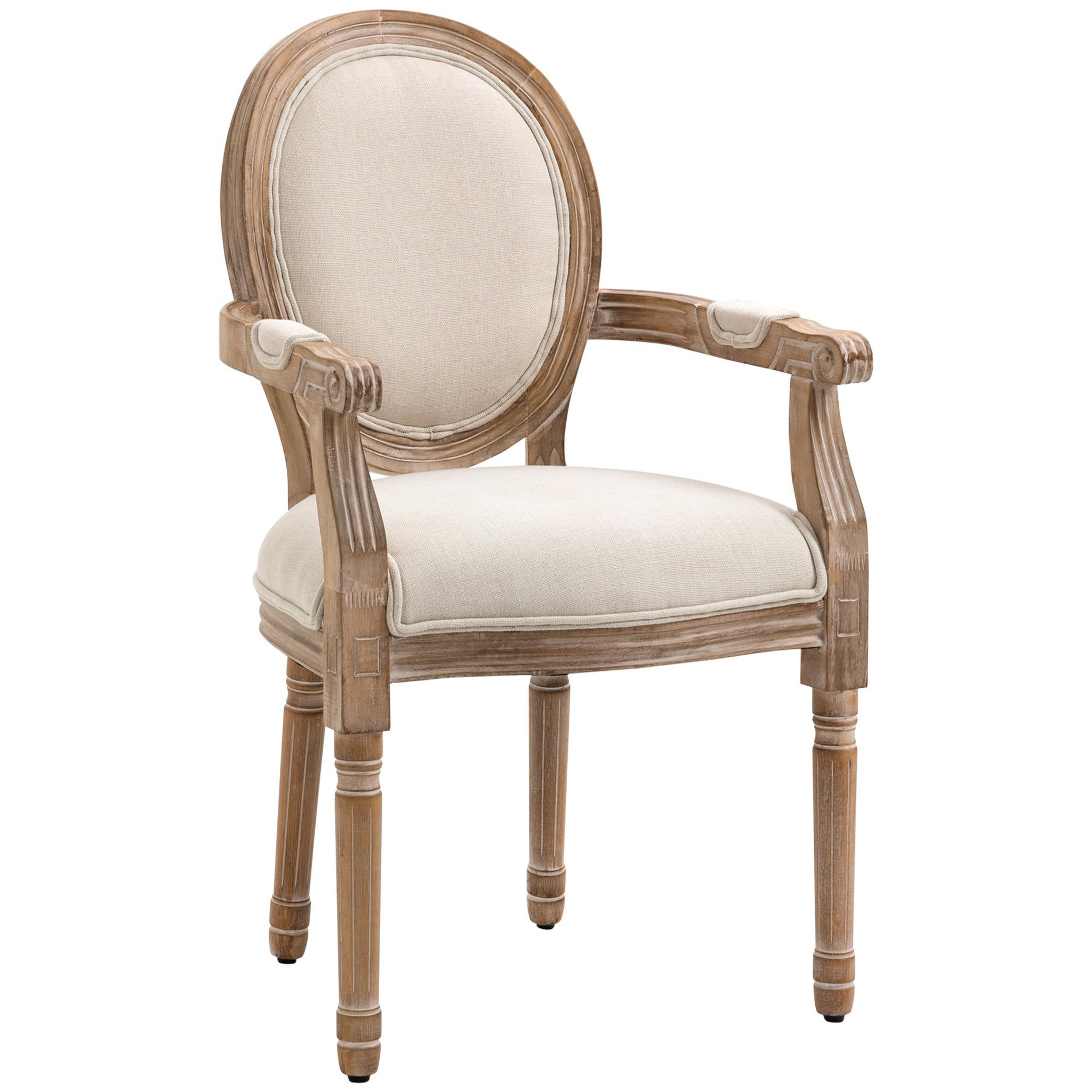 Voir la diapositive 1 : HOMCOM Chaise de salle à manger chaise de salon médaillon style Louis XVI bois hévéa patiné sculpté tissu beige