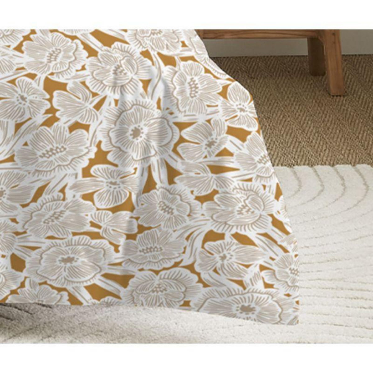 COTON PUR Parure de draps 4 pièces pour lit 140 x 190 cm Agathe moutarde