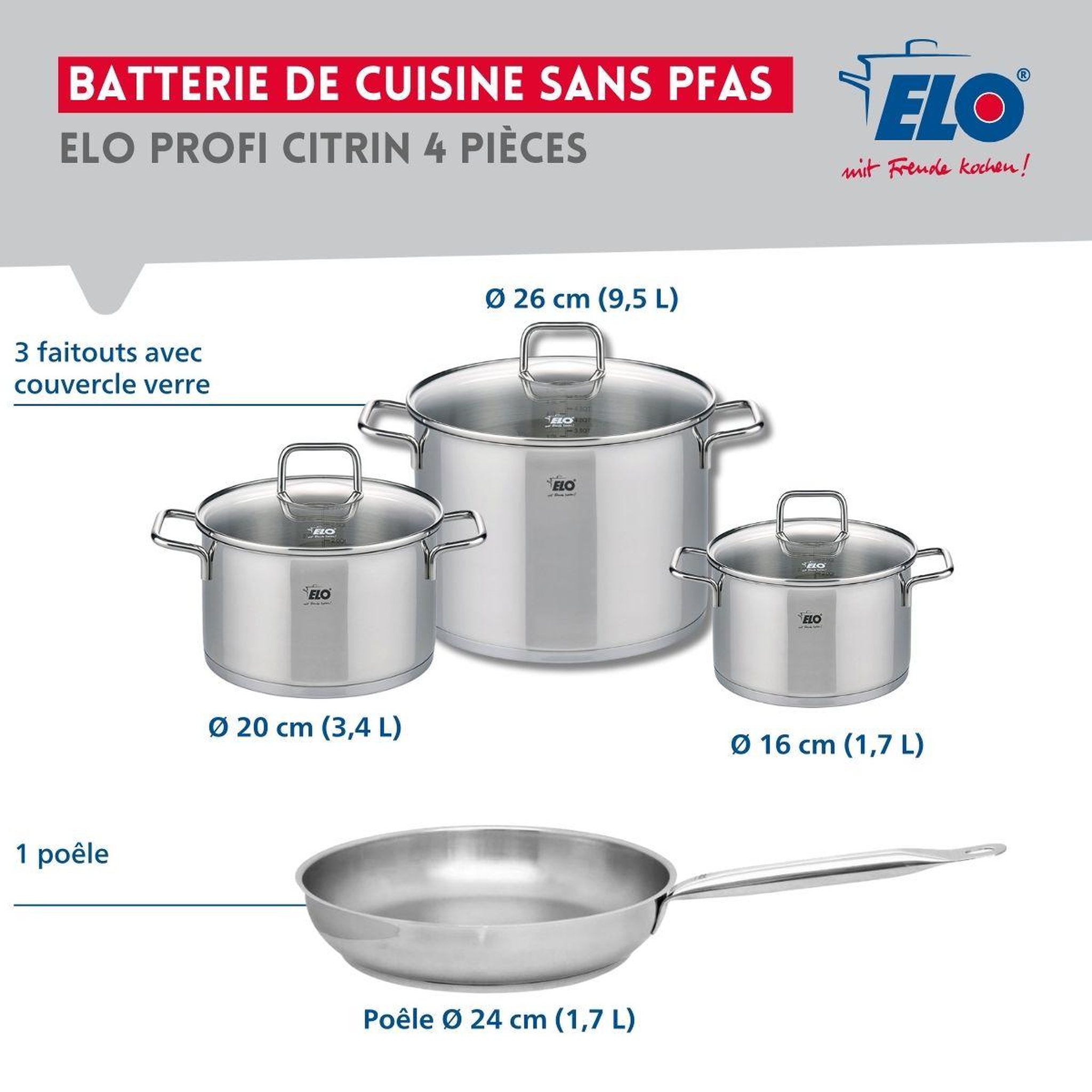 Voir la diapositive 2 : ELO Ensemble de 1 poêle de cuisson 24 cm et 3 faitouts 16, 20 et 26 cm elo profi citrin
