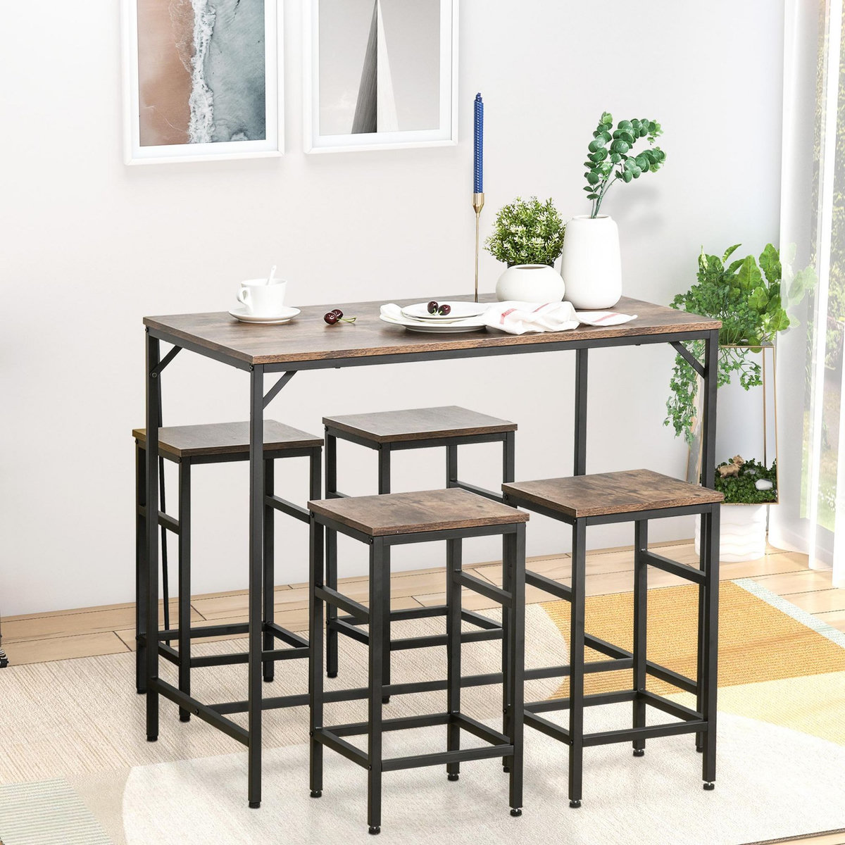 HOMCOM Ensemble table de bar 4 tabourets design industriel métal noir aspect bois