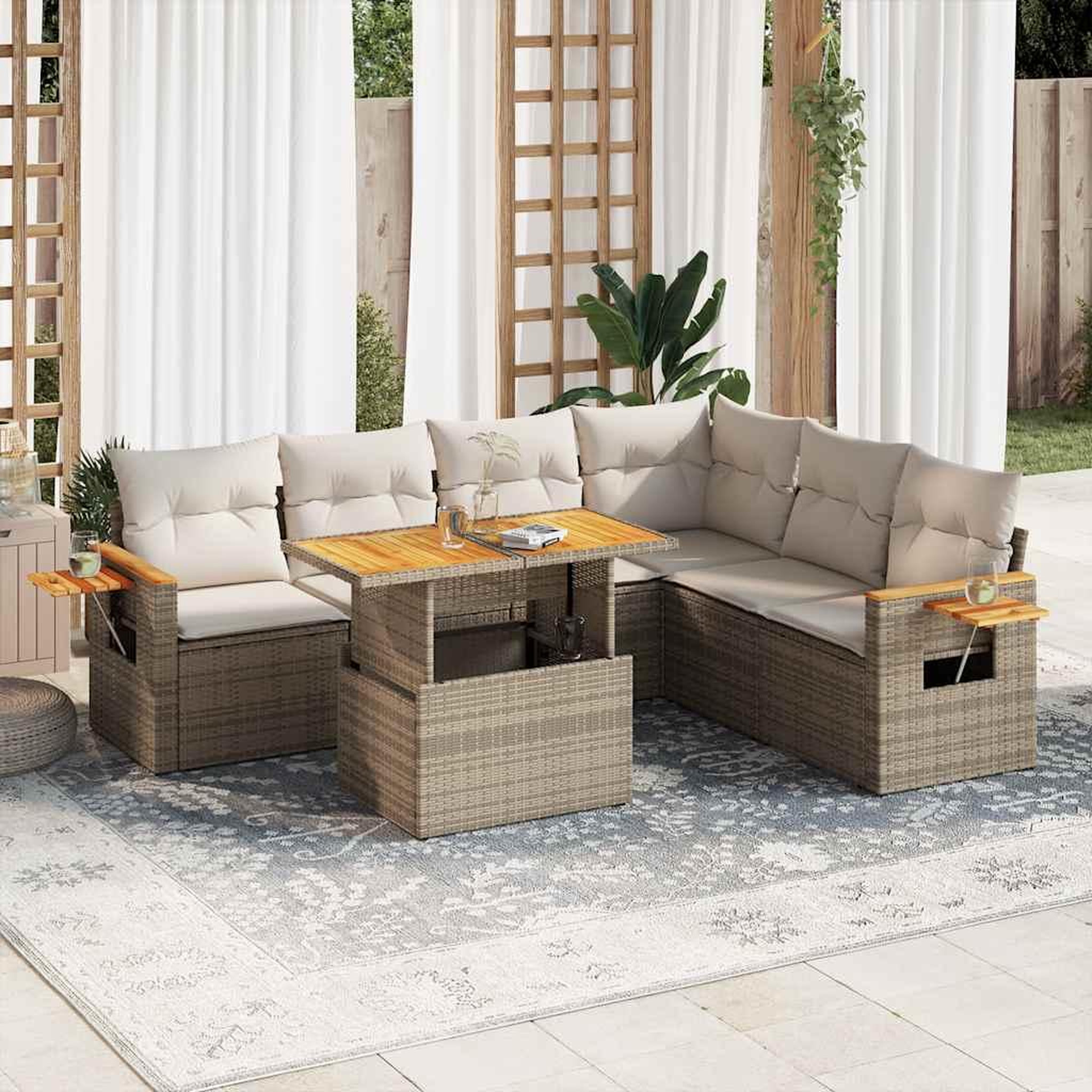 VIDAXL Salon de jardin avec coussins 7 pcs beige resine tressee acacia