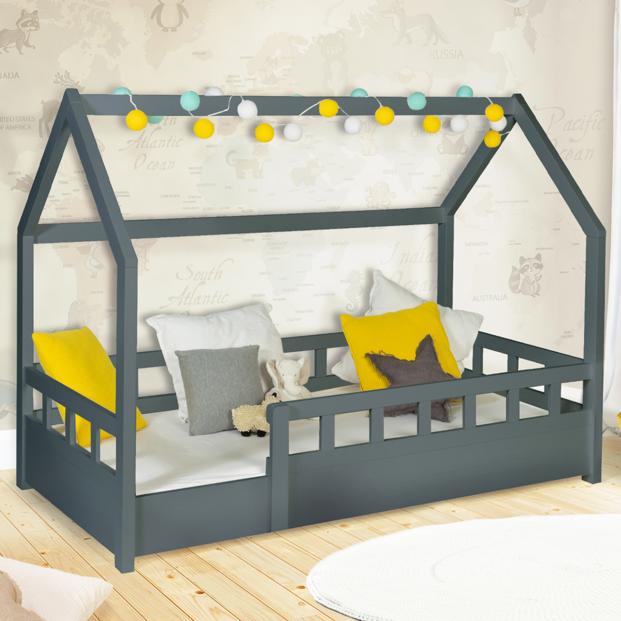 Voir la diapositive 2 : ID MARKET Lit cabane enfant 80 x 160 cm neree gris avec sommier et barrières