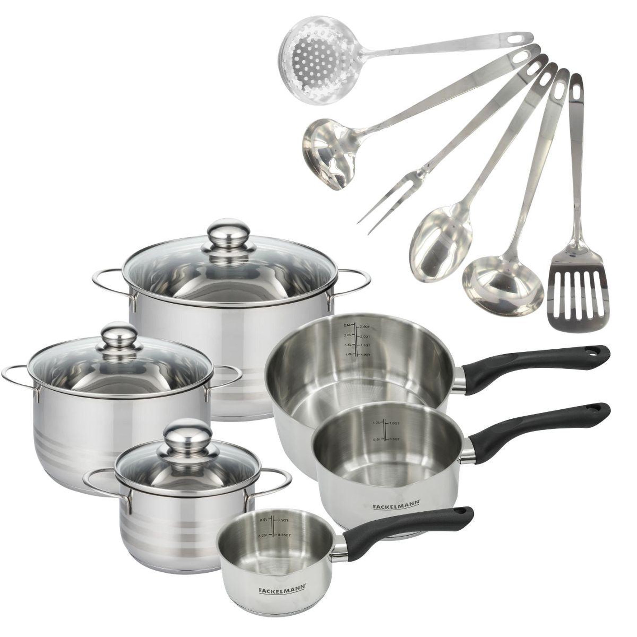 Fackelmann Batterie de cuisine avec 3 casseroles 12/16/20 cm et 3 faitouts 16/20/24 cm avec 6 ustensiles de cuisine sans pfas fackelmann généva brillant oxford