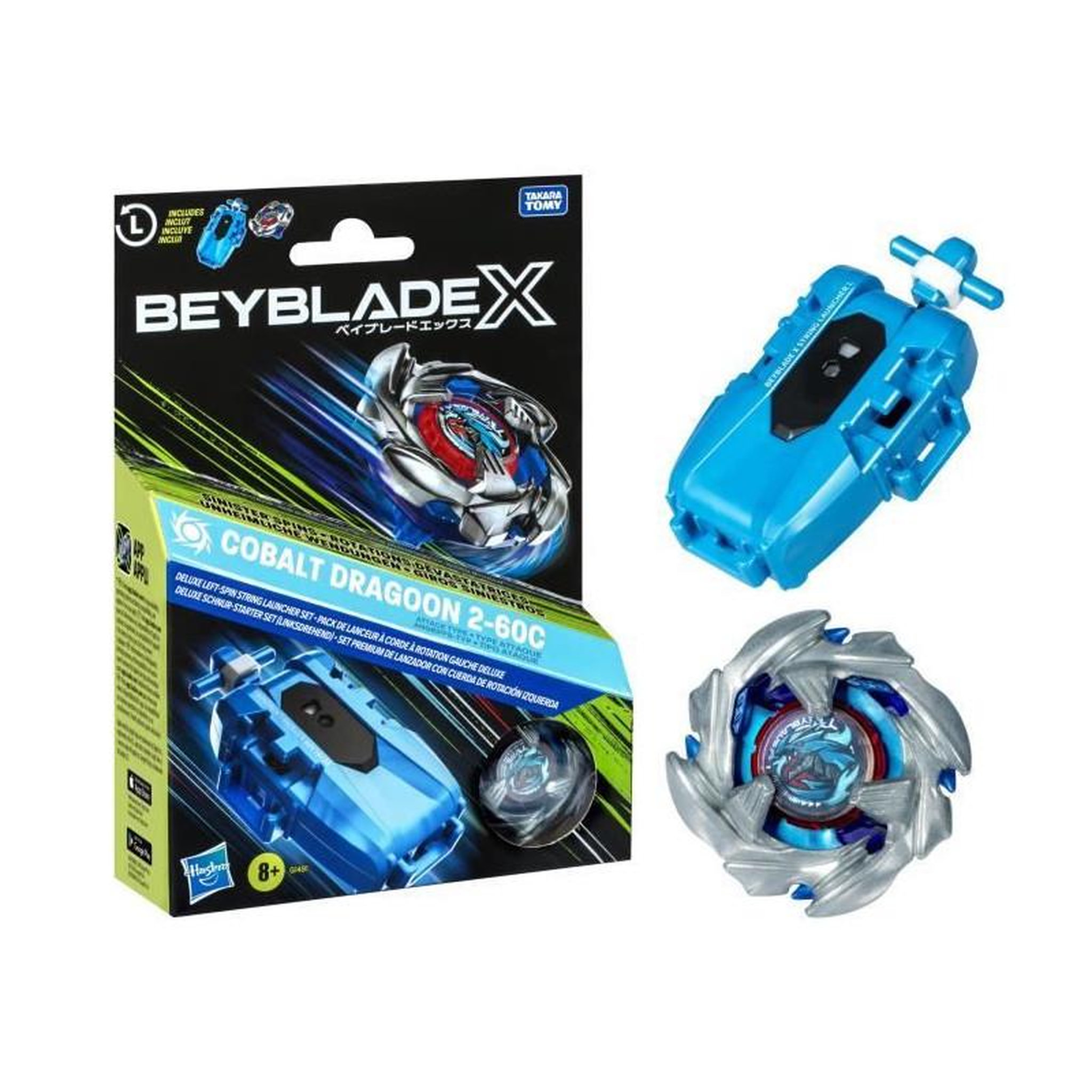 HASBRO Beyblade X pack Cobalt Dragoon 2-60C avec lanceur a corde deluxe, toupie a rotation gauche, des 8 ans