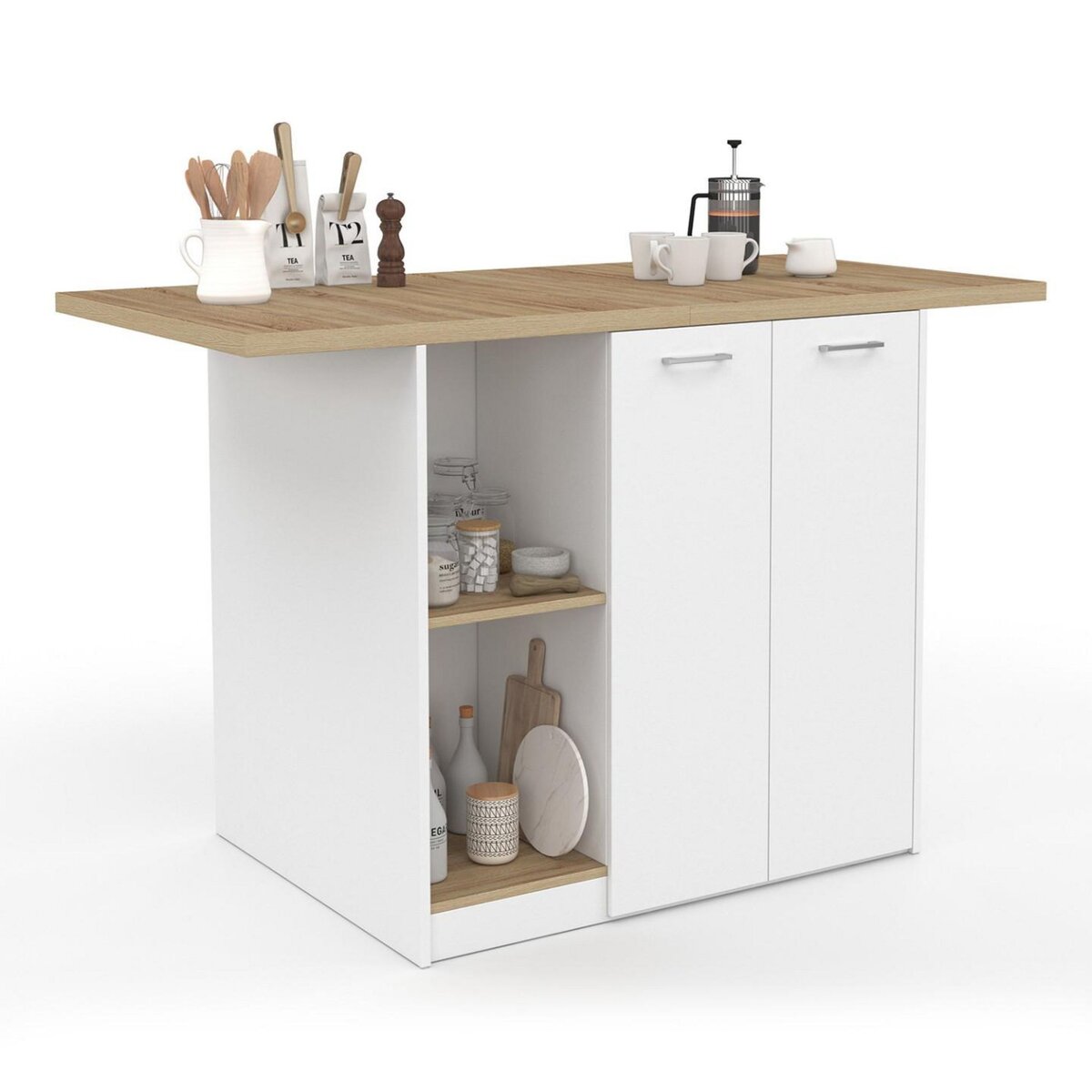 ID MARKET Ilot central BAO 140 cm 4 personnes bois blanc avec plan de travail façon hêtre