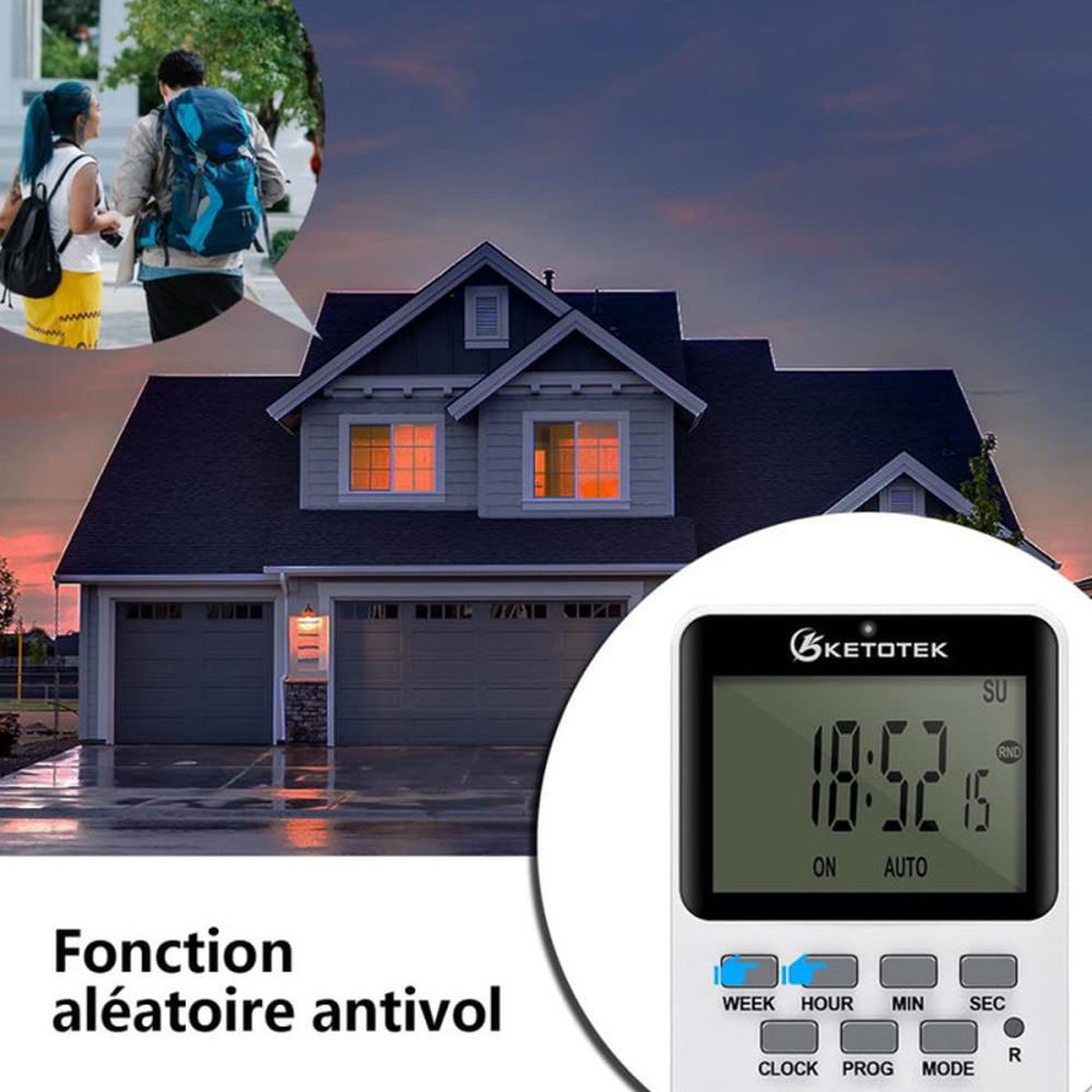 Voir la diapositive 4 : Prise minuterie numérique programmable LCD 20 programmes, 16A 3600W, mode aléatoire antivol, 12/24h