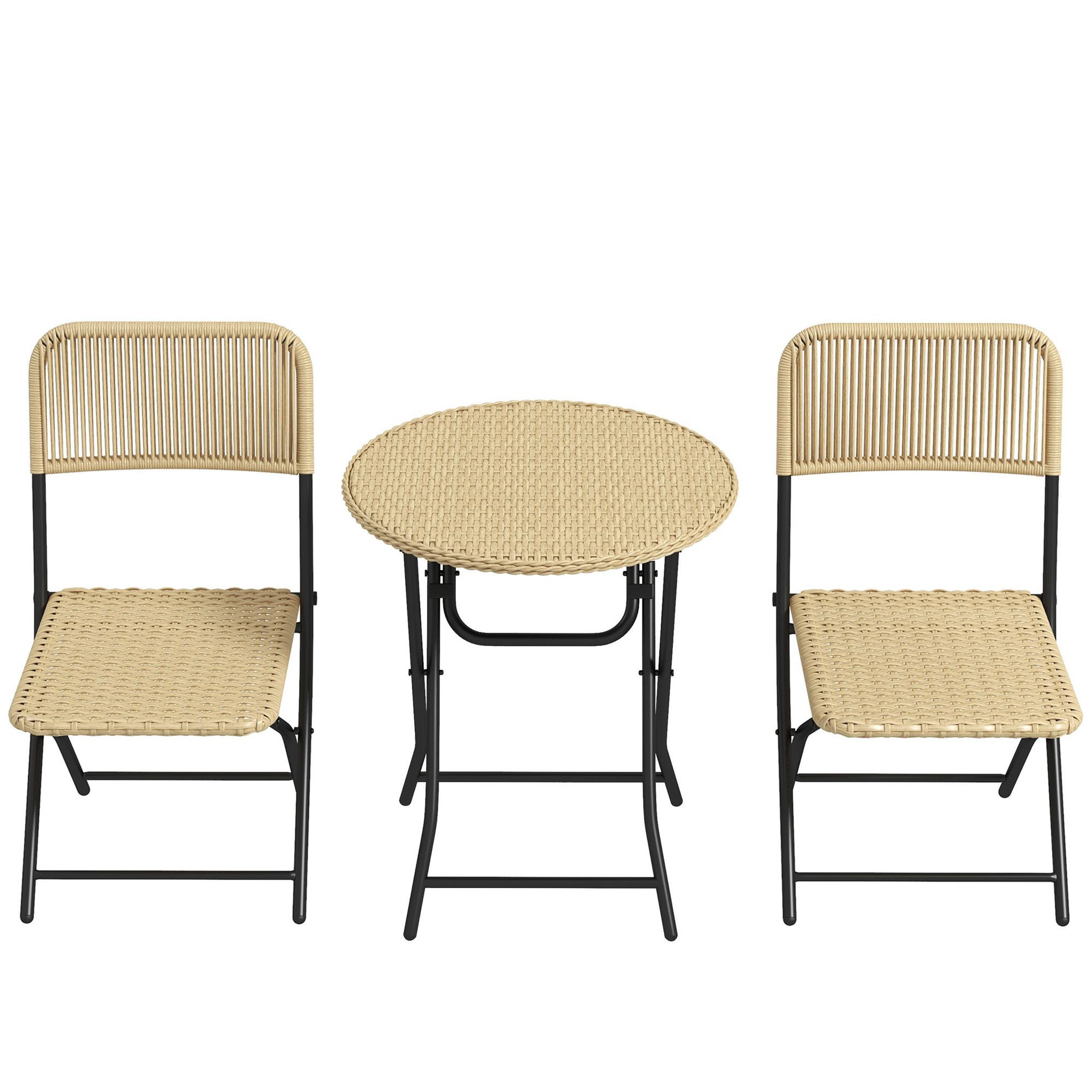 Voir la diapositive 1 : OUTSUNNY Ensemble bistro de jardin 3 pièces pliantes style cosy 2 chaises + table acier époxy noir résine tressée beige