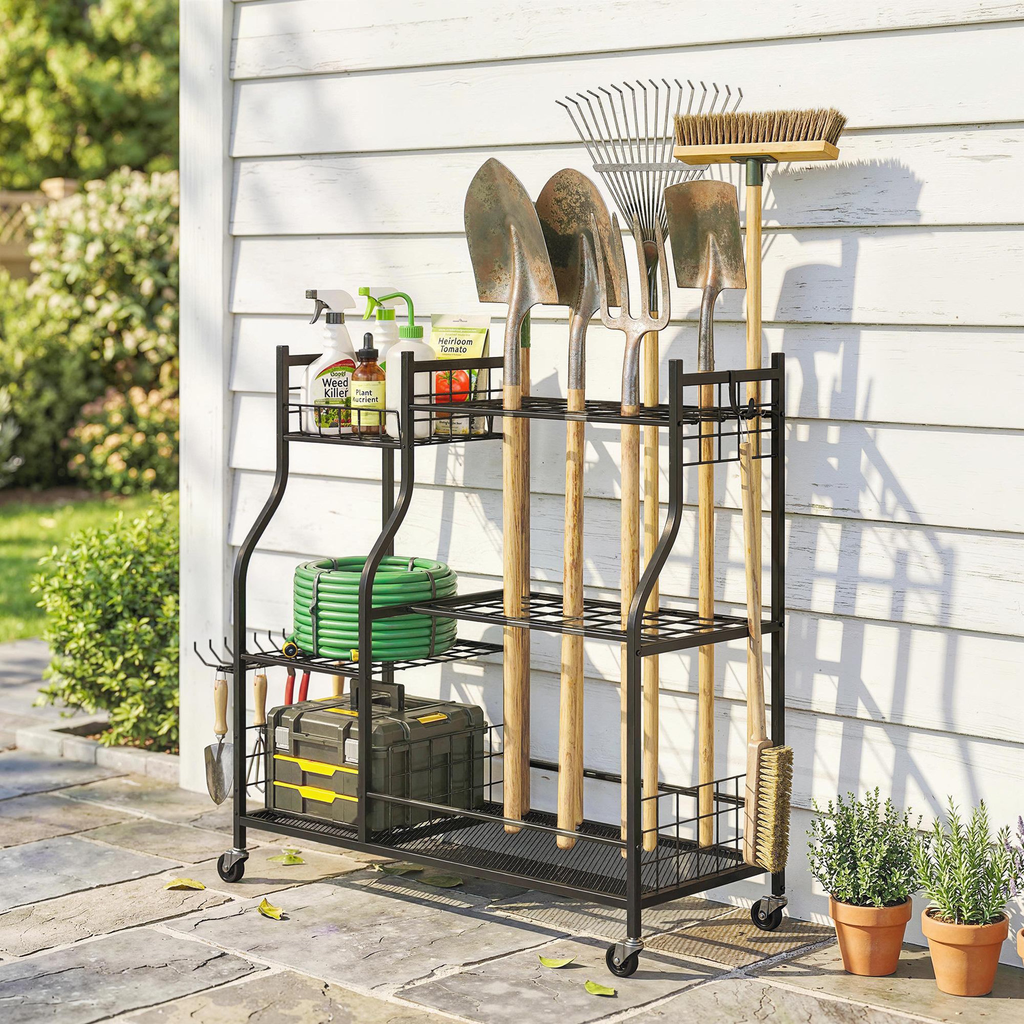 Voir la diapositive 6 : OUTSUNNY Organisateur d'outils de jardin - chariot de jardin - 11 crochets, 32 compartiments, 3 étagères - acier noir