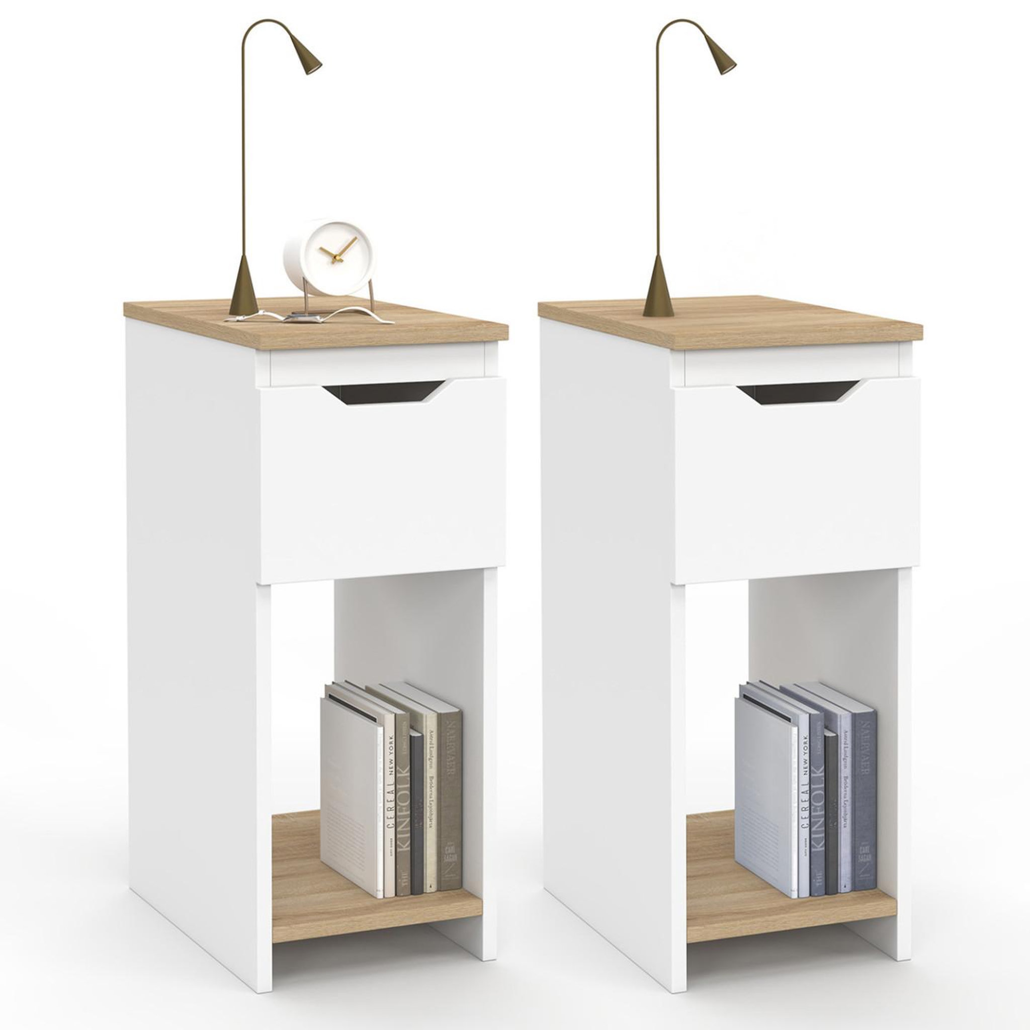ID MARKET Lot de 2 tables de chevet étroites anouk 1 tiroir avec niche blanc et bois