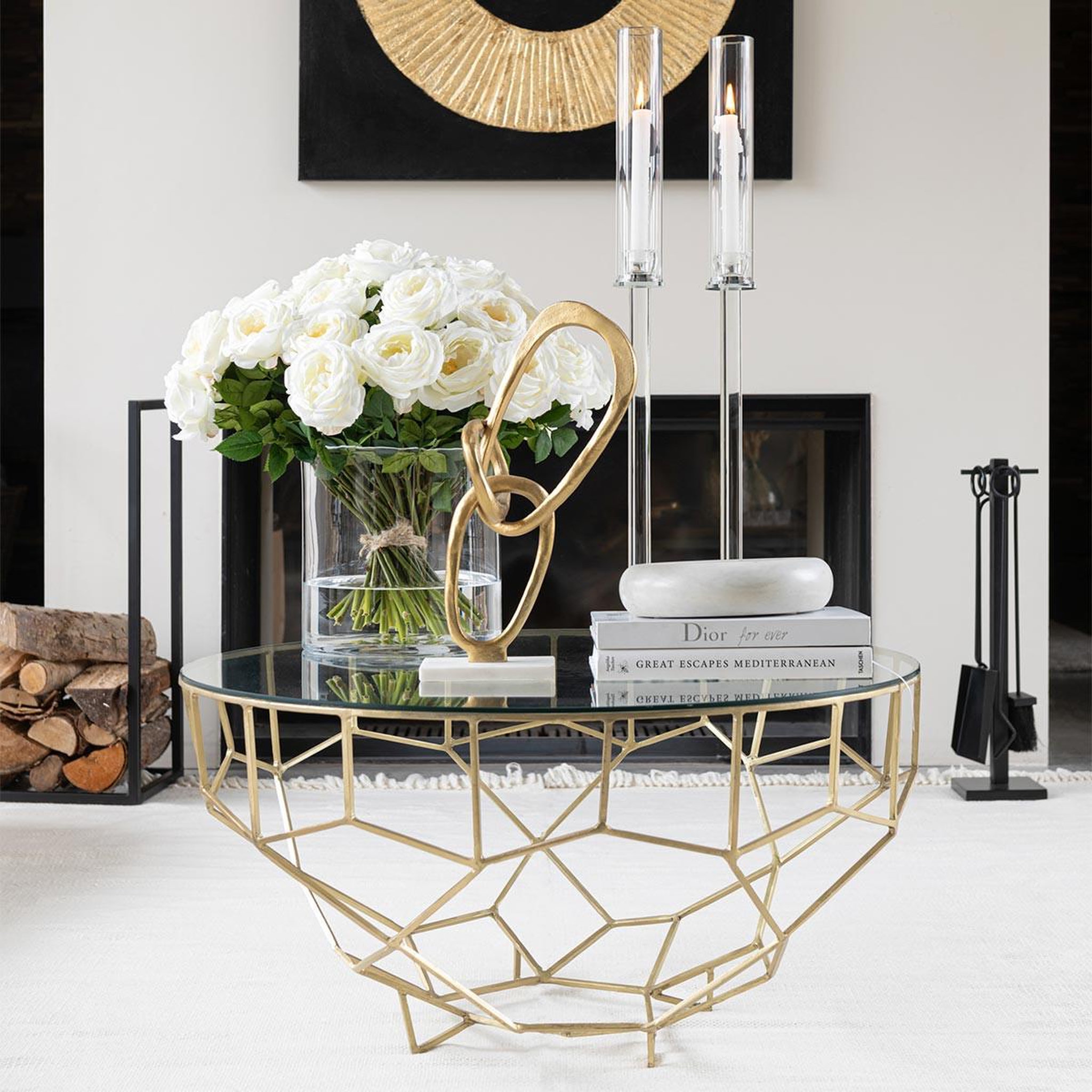 Voir la diapositive 4 : J-LINE Table basse design en verre  moza  90cm or
