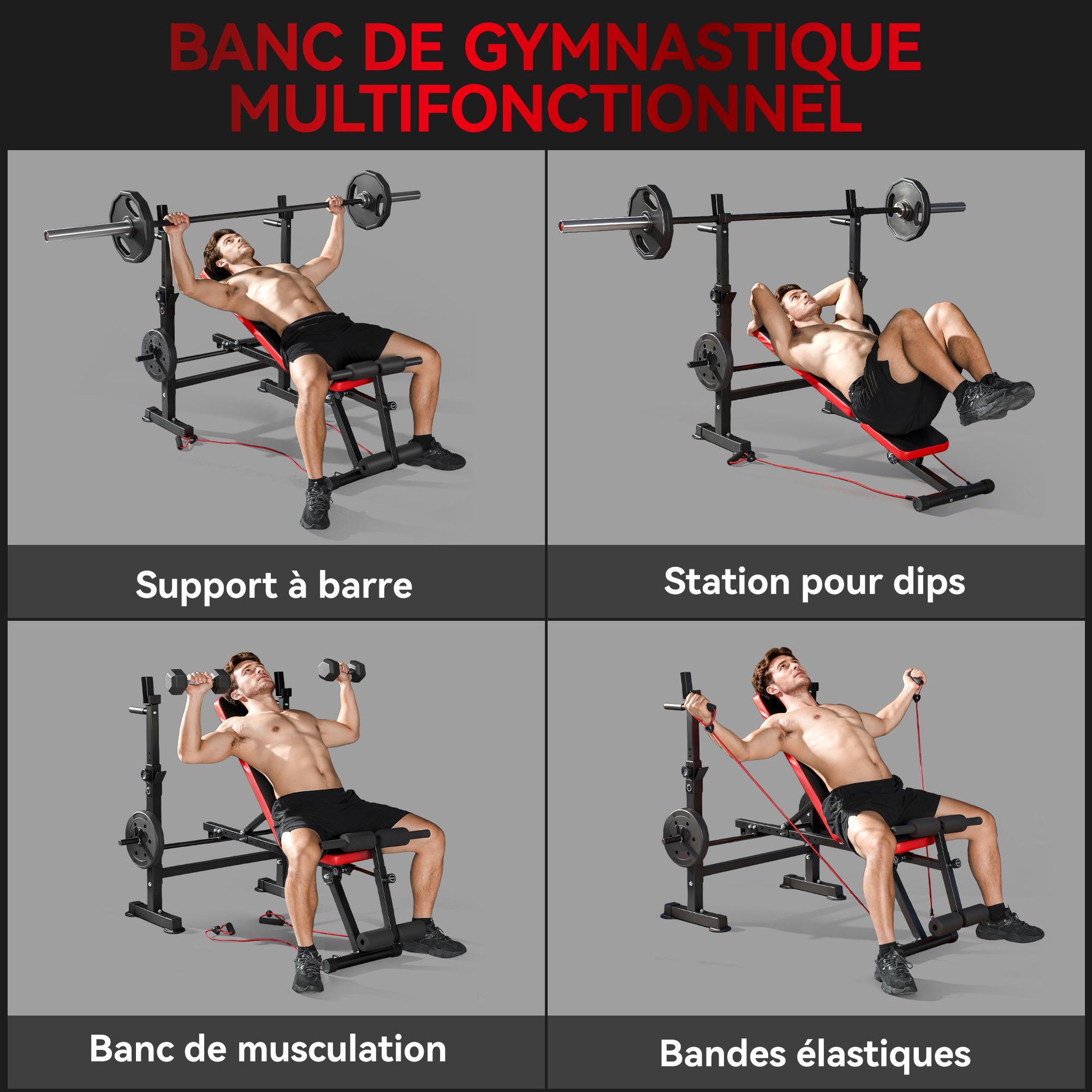 Voir la diapositive 6 : HOMCOM Banc de musculation réglable - support de barre, poignées à dips, bandes de résistance - rouge noir