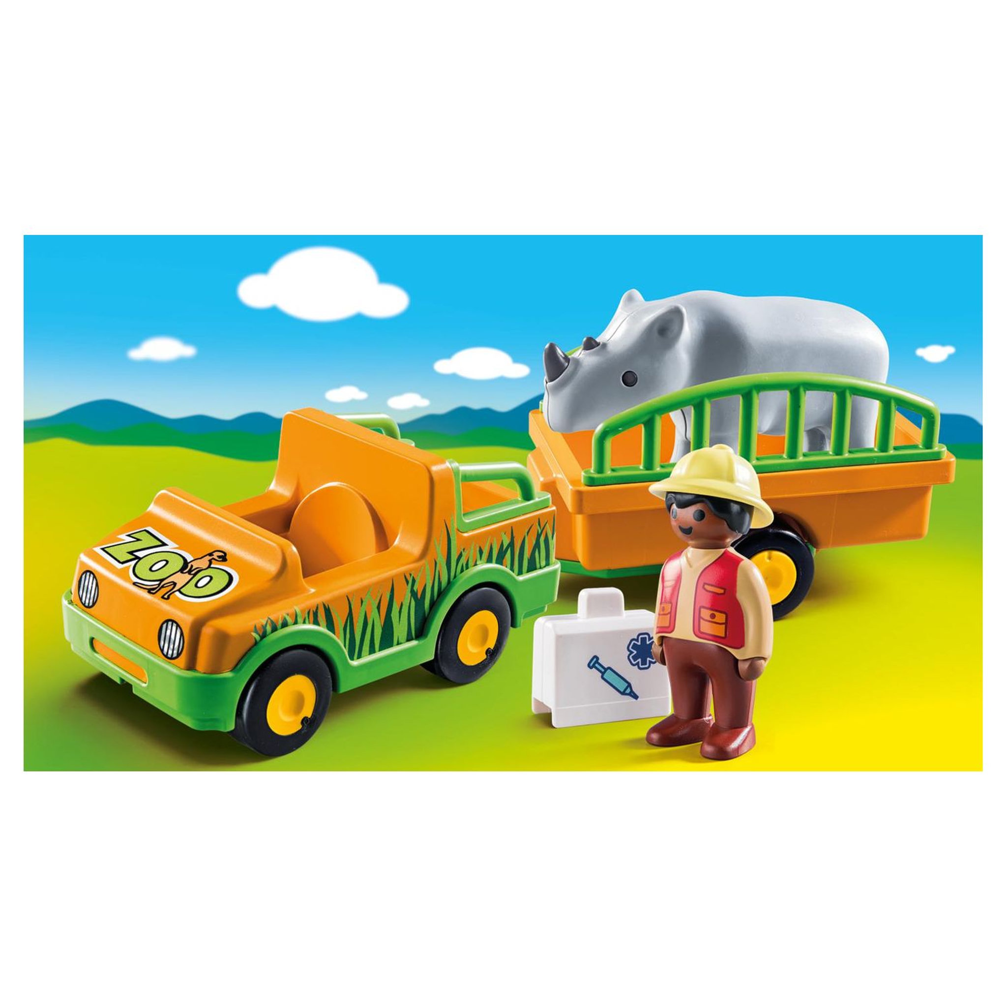 Voir la diapositive 3 : PLAYMOBIL 70182 - 1.2.3 - Vétérinaire avec véhicule et rhinocéros