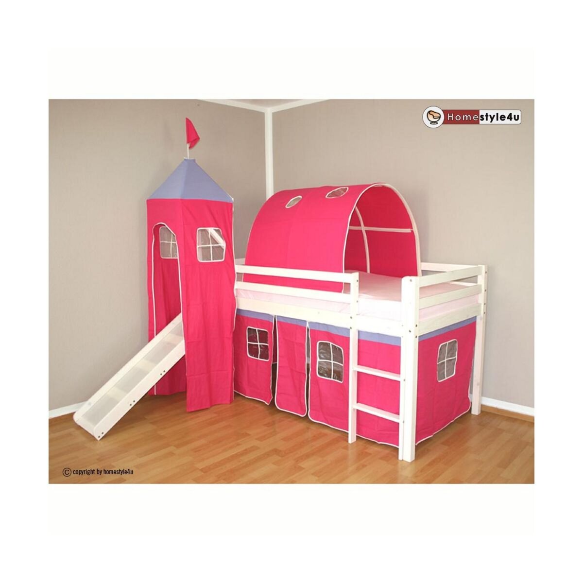 HomeStyle4U Lit Simple Blanc 90x200 en hauteur avec echelle Rideau et Tunnel Tour et Toboggan Fuchsia