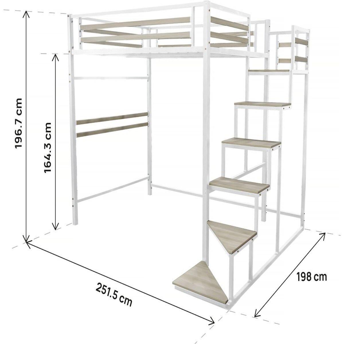 Habitat et Jardin Lit mezzanine en métal avec escalier  LENA  - 140 x 190 cm - Blanc