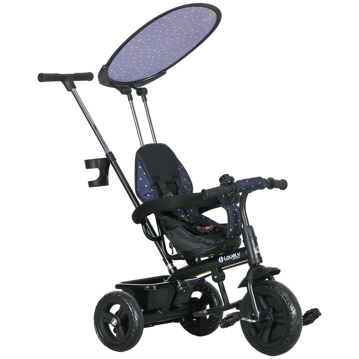 HOMCOM Tricycle enfant pare-soleil pliable canne amovible benne rangement acier bleu à pois noir