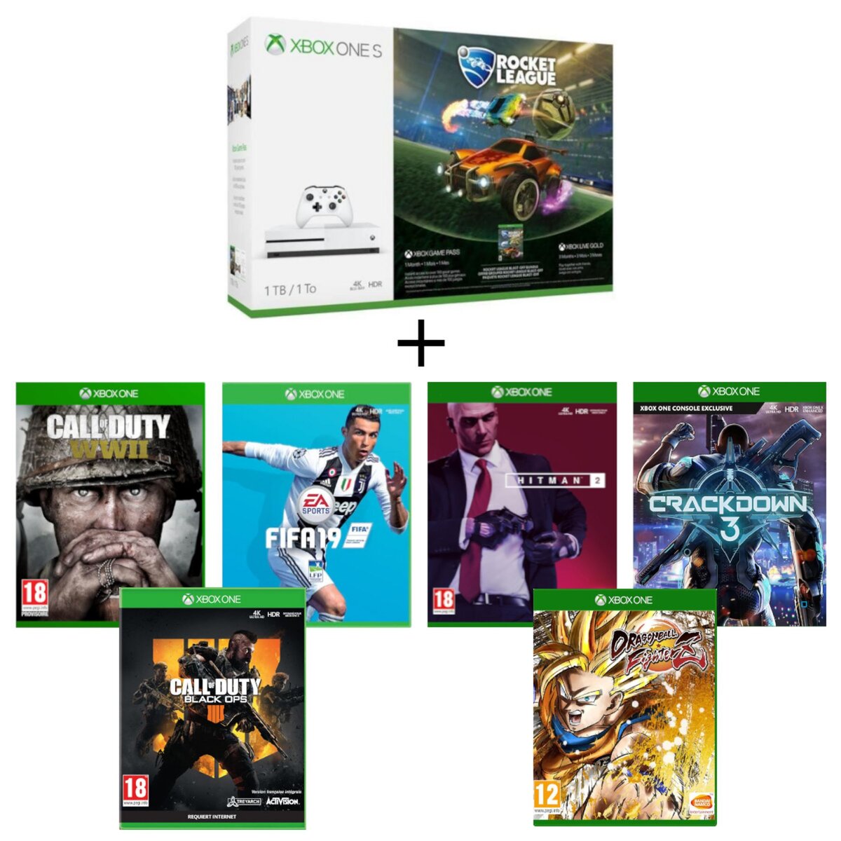 MICROSOFT Console Xbox One S 1To Rocket League + Dragon Ball FighterZ + Call of Duty WWII + Fifa 19 + Crackdown 3 + Call of Duty Black Ops 4 + Hitman 2