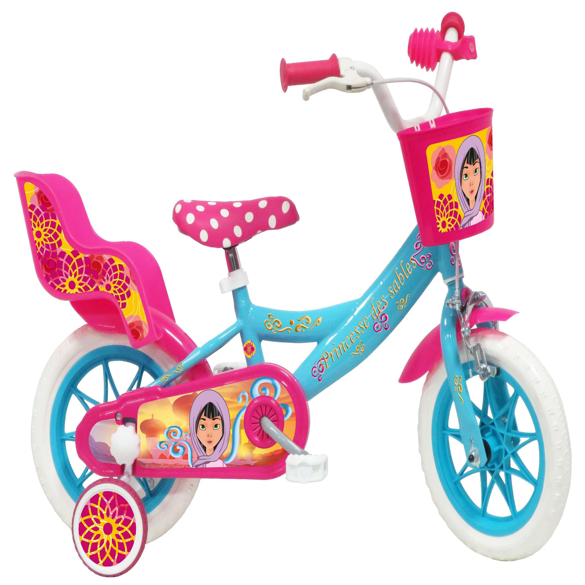 Vélo enfant - Modèle 12''Princesse des sables pour enfant de 85/100 cm avec stabilisateurs - 1 Frein - Panier avant - Porte poupée arrière et roues batons