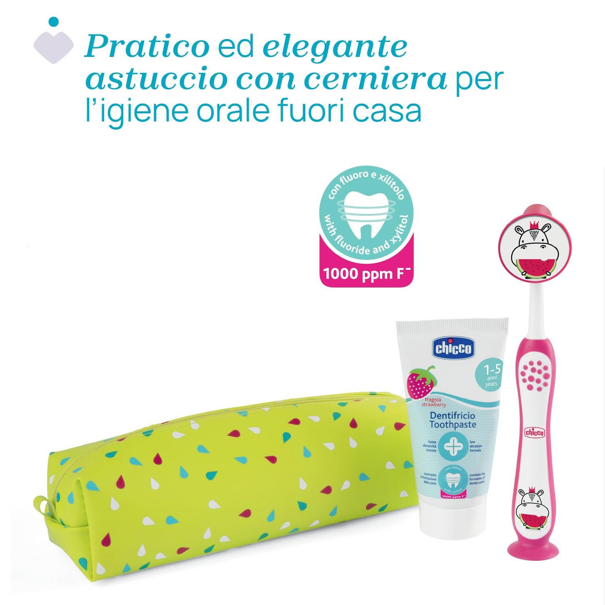 Voir la diapositive 3 : CHICCO Chicco set dentaire 3-6 ans rose - brosse à dents à poils souples et dentifrice goût fraise avec étui de voyage