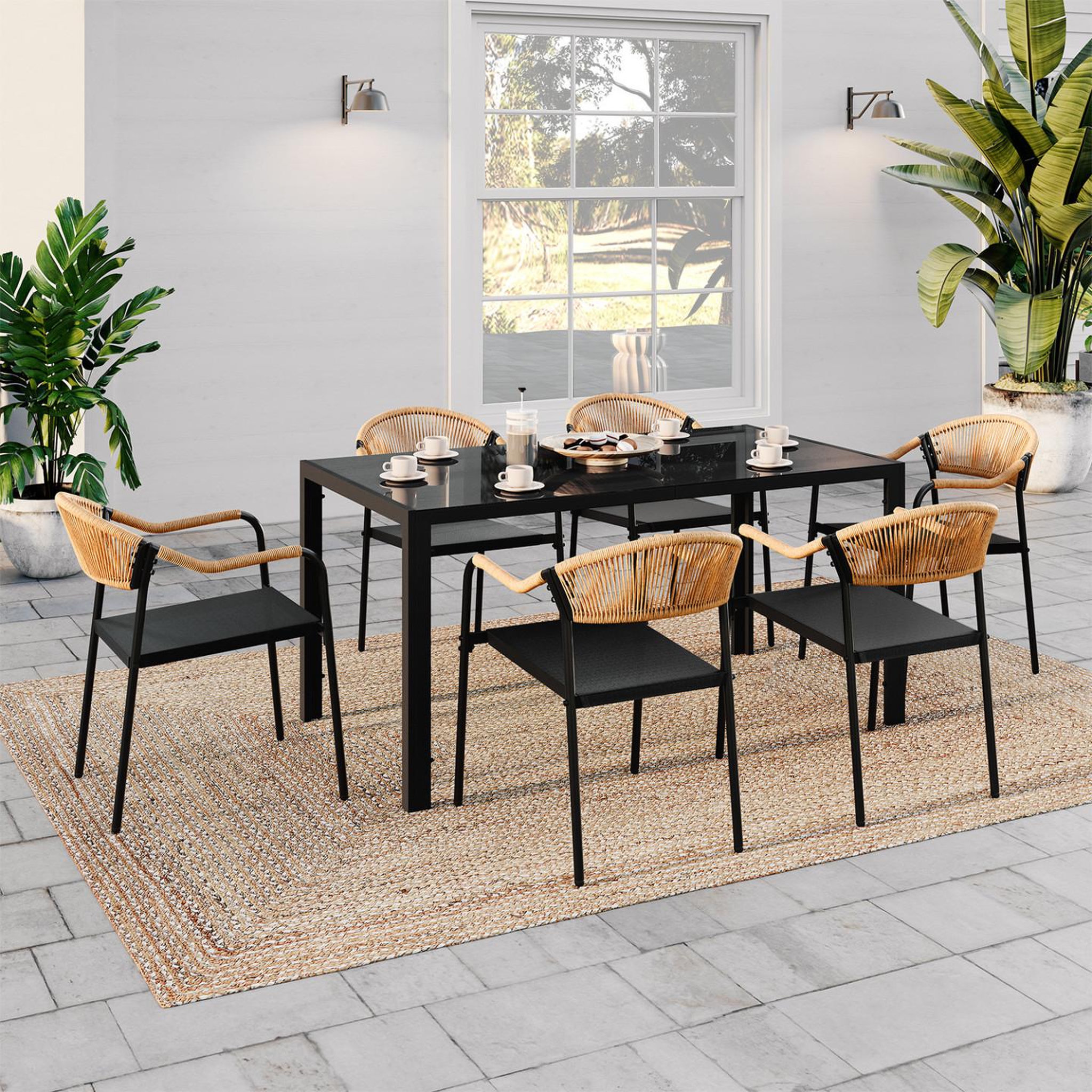 Voir la diapositive 2 : ID MARKET Salon de jardin madeira table 150 cm et 6 chaises cordage et textilène noir et rotin clair