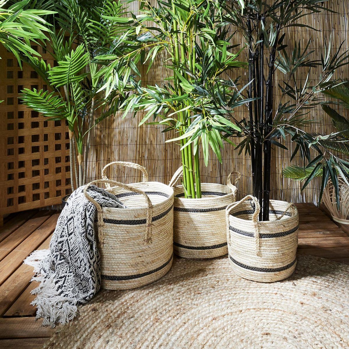 TOILINUX Lot de 3 Paniers en fibre de maïs - Beige et Noir