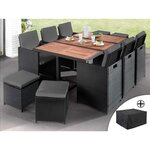 BEST MOBILIER Cuba - salon de jardin encastrable 10 places - en résine tressée - noir avec coussins gris + housse de protection. Coloris disponibles : Bicolore