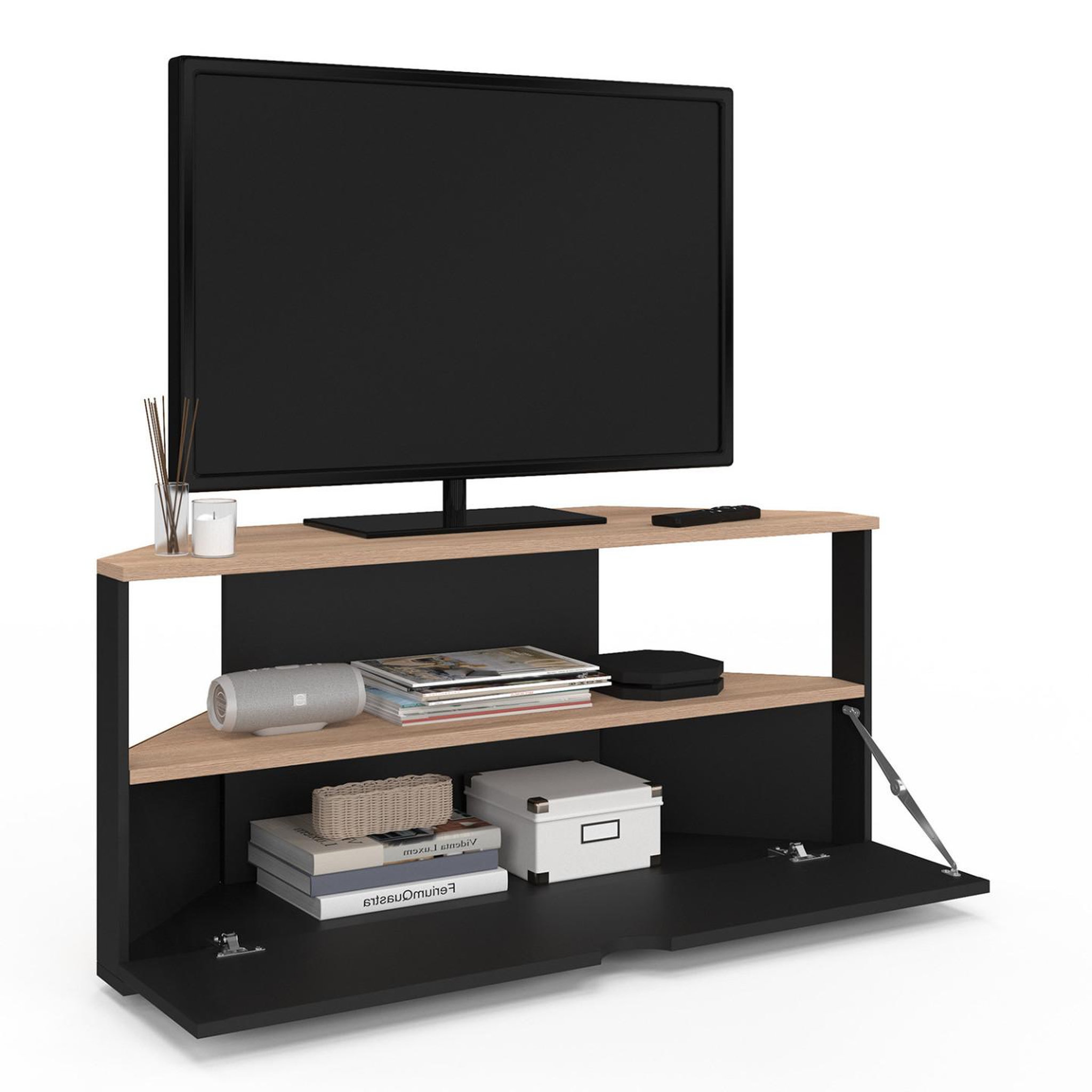 Voir la diapositive 4 : ID MARKET Meuble tv 100 cm d'angle eli bois façon hêtre et noir