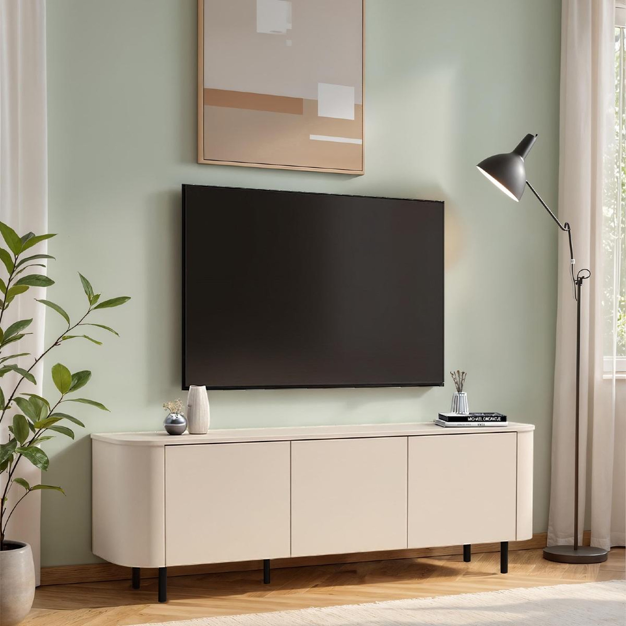 Voir la diapositive 2 : JLC KREATION Meuble tv moderne arrondi 3 portes 180cm beige olga