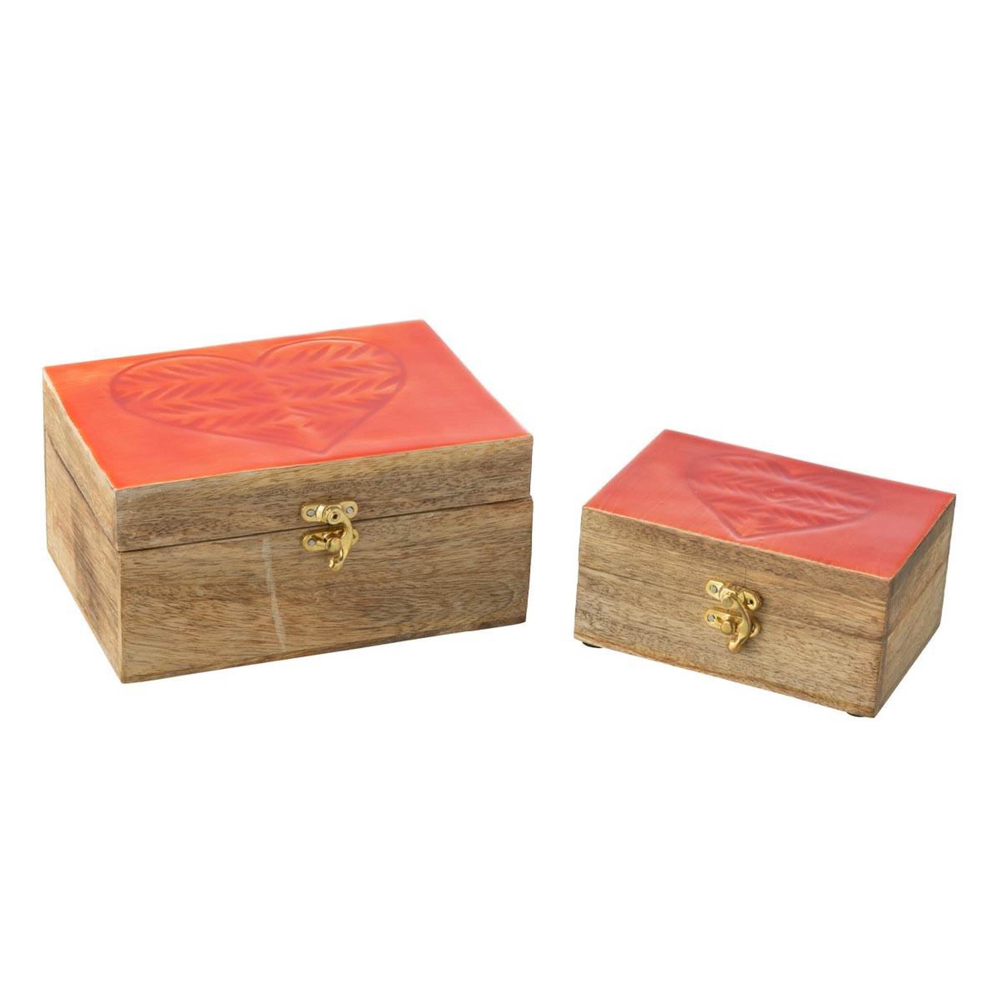 J-LINE Lot de 2 boîtes déco en bois  cœur  20cm rouge & naturel