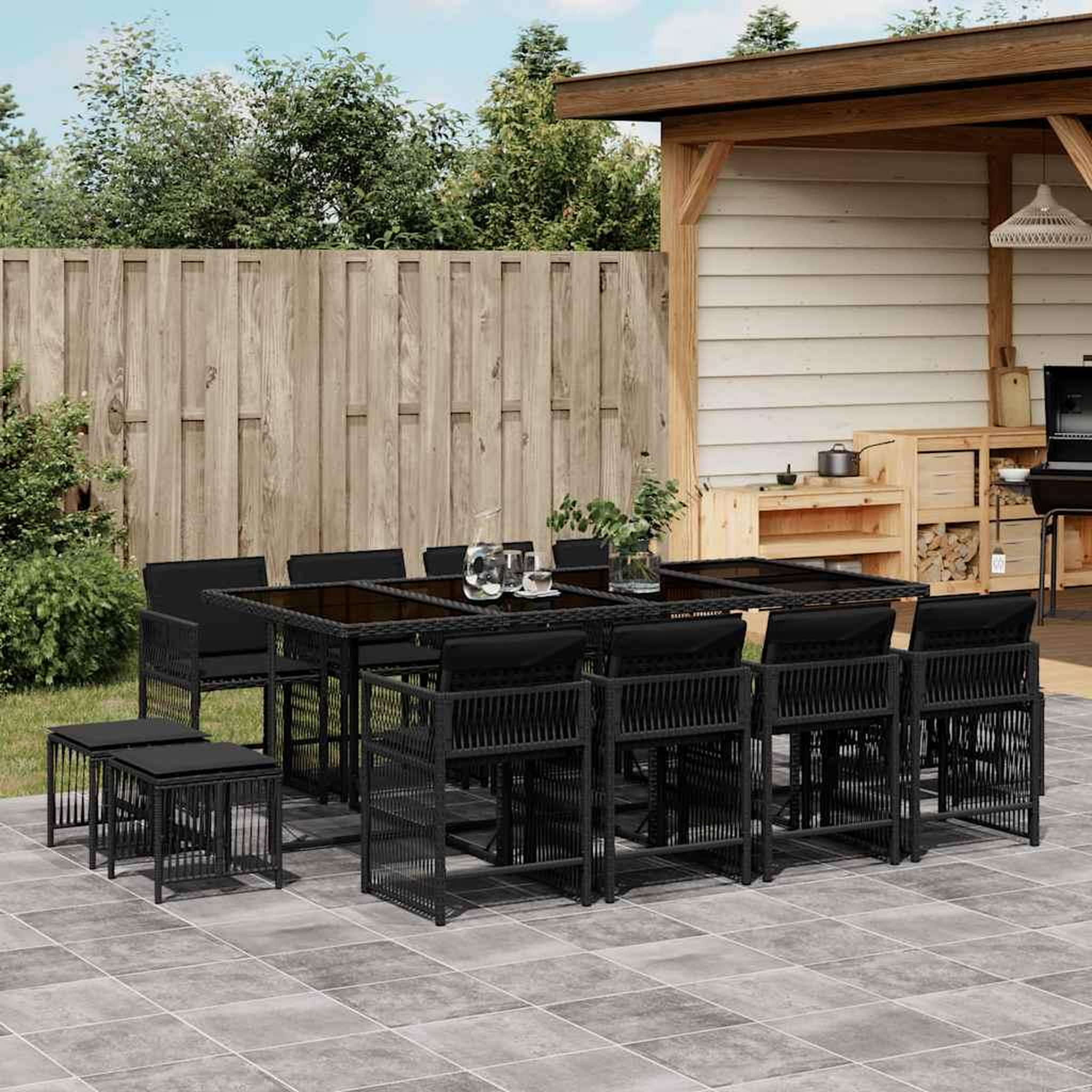 VIDAXL Ensemble a manger de jardin 13 pcs coussins noir resine tressee