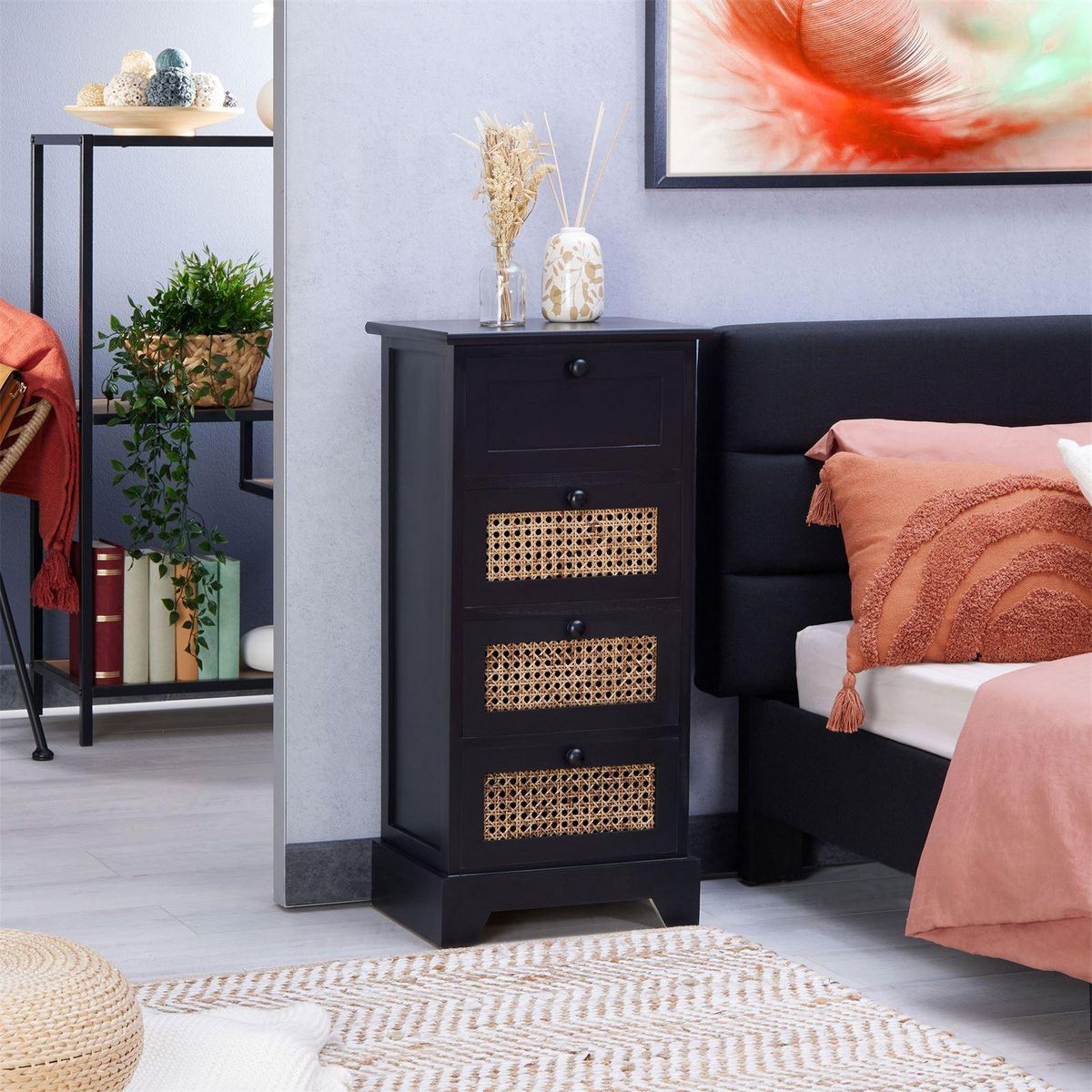 IDIMEX Chiffonnier JASMIN avec 4 tiroirs, en bois de paulownia et rotin