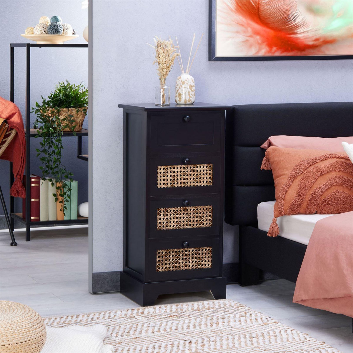 IDIMEX Chiffonnier JASMIN avec 4 tiroirs, en bois de paulownia et rotin